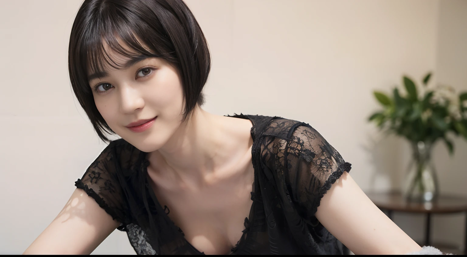 84
(a 20 yo woman,is standing), (A hyper-realistic), (masutepiece), ((short-hair:1.46)), (Smooth black hair), (Breast:1.0), (kindly smile), Wearing shorts, Wear a shirt with a fractal design print, (Beautiful skin:1.5)