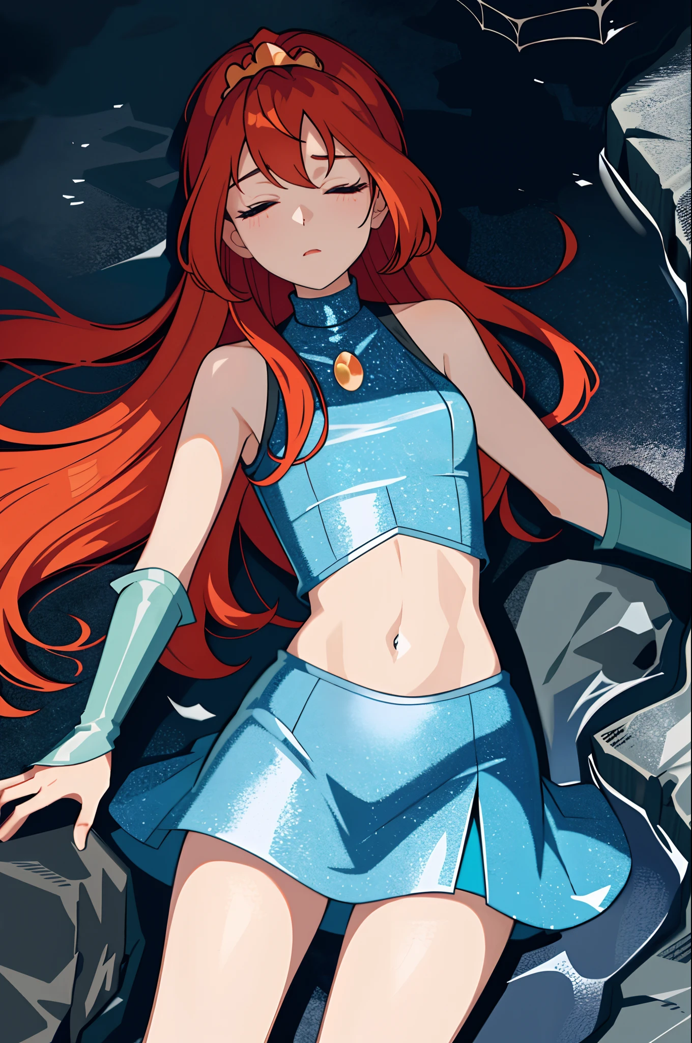 Bloom is lovingly languid on the ground, killed in a tough battle in a dark cave. Bloom can't move from her prone position and unable to breath or open her eyes. Bloom lies inert, battered, and limp, killed in battle. (Bloom), (orange hair, blue eyes, bangs, long hair), (fairy outfit), (blue croptop, sleeveless, midriff, short blue skirt, sparkling clothing, fairy wings, tiara, languid on the cave ground), (Bloom languid, killed:1.5) (black background, cave walls, spider webs:1.3), (anime style:1.4), (masterpiece:1.2), (Bloom killed and prone on the ground:1.4), (full-body-shot:1),(Cowboy-shot:1.2), torch lighting, dark oppressive lighting, (highly detailed:1.2), (detailed face:1.2), (gradients), closed, shut eyes, head on the ground, shallow breathing , (detailed landscape:1.2), (natural lighting:1.2), (dynamic passed out pose:1.2), (solo, one person, 1girl:1.5),