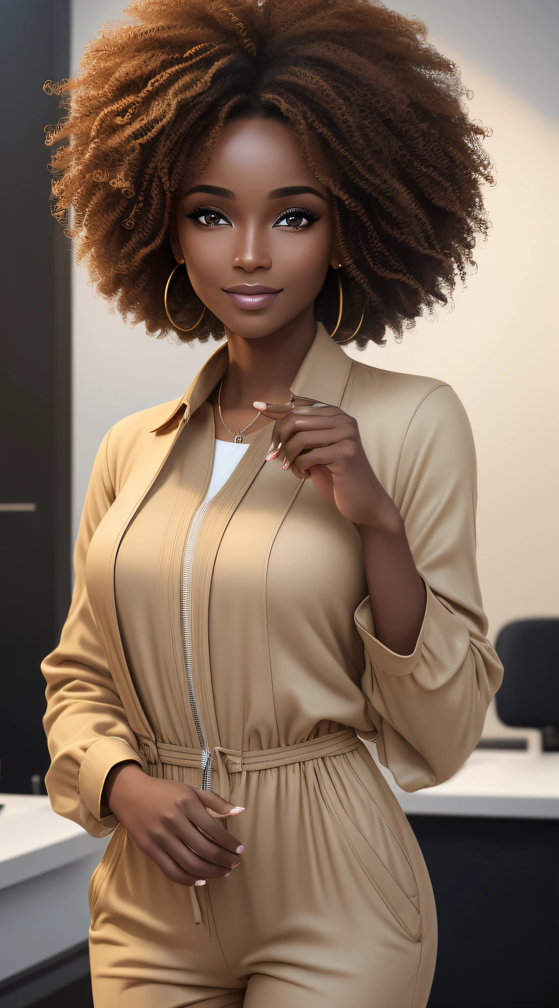 beautiful black woman wearing a light beige jumpsuit. full glass photo (Nail care in a modern beauty salon), very detailed, 37 years old, Innocent face, natural Afro-textured curly hair, brown eyes, very high resolution, master piece, best quality, intricate details, highly detailed , Crisp Focus, detailed skin, realistic skin texture, texture, detailed eyes, professional, 4k, charming smile, shot on Canon, 85mm, shallow depth of field, Kodak Vision Color, perfect fit body, extremely detailed, photography_\ (Ultra\), photorealistic, Realistic, Post-processing, maximum details, roughness, real life, Ultra realistic, photorealism, photography, 8k UHD, photography, work, office. full body image, realistic, well-groomed hand --auto