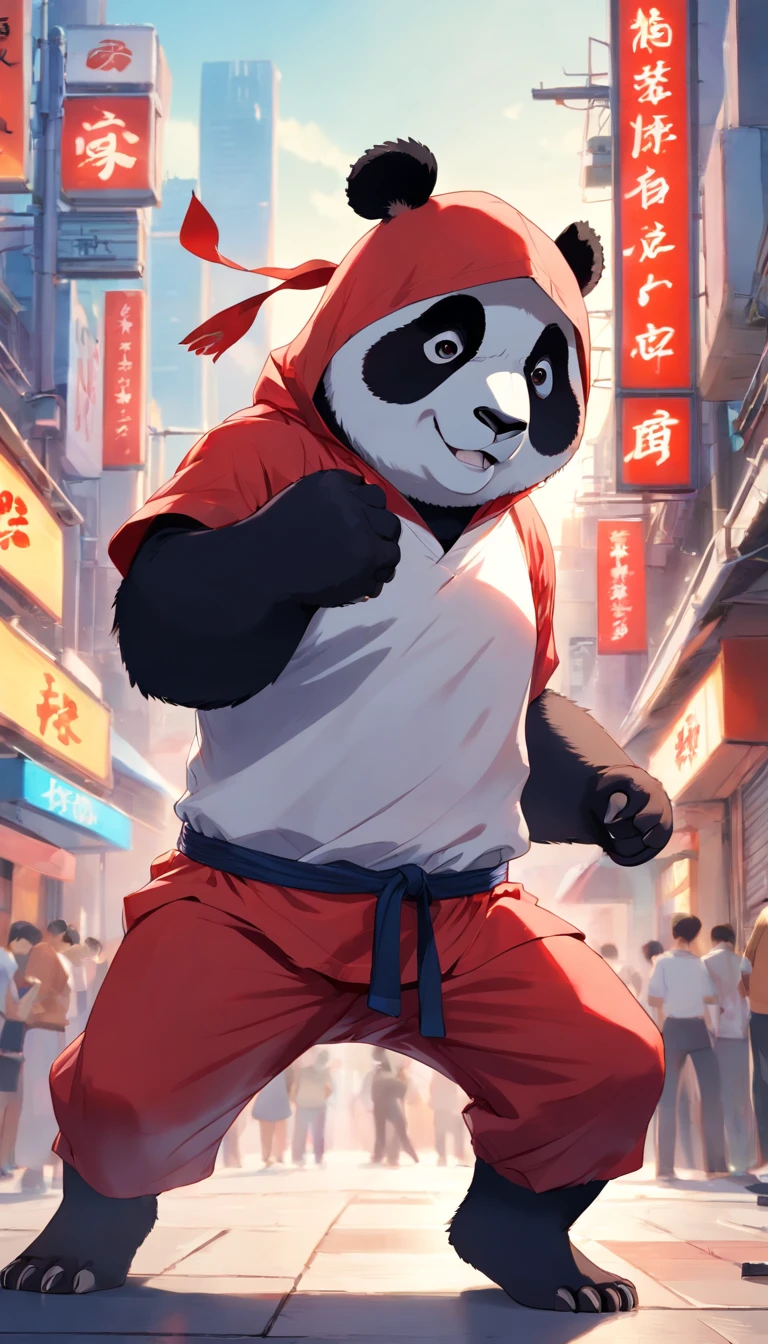 giant panda, Wearing a white karate costume, Red Hood, Focused Energy, Street Fighter, Random Karate Poses, (intriciate detail), HDR, (intriciate detail, super fine: 1.2), movie scene, centered,