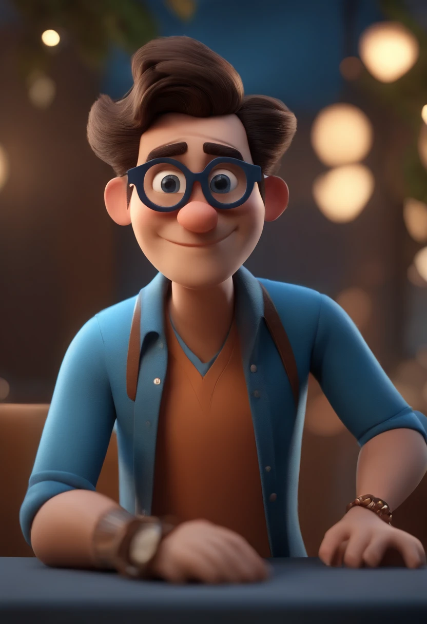 Cartoon character of a man wearing black glasses and a blue shirt, um personagem animado, Caractere estilizado, animation style rendering, 3D estilizado, Arnold Maya render, 3 d render stylized, toon render keyshot, Personagem 3D, Personagem 3D, 3d rendering stylized, 3 d character render, personagem de desenho animado, Personagem de close up, Pose de personagem, (Estilo Pixar) (master part:1.2) (Bokeh) (best quality) (pele detalhada) (textura detalhada) (8k) (argila) (Cinematic lighting) (foco nítido,Senta e vaza a parte superior do corpo