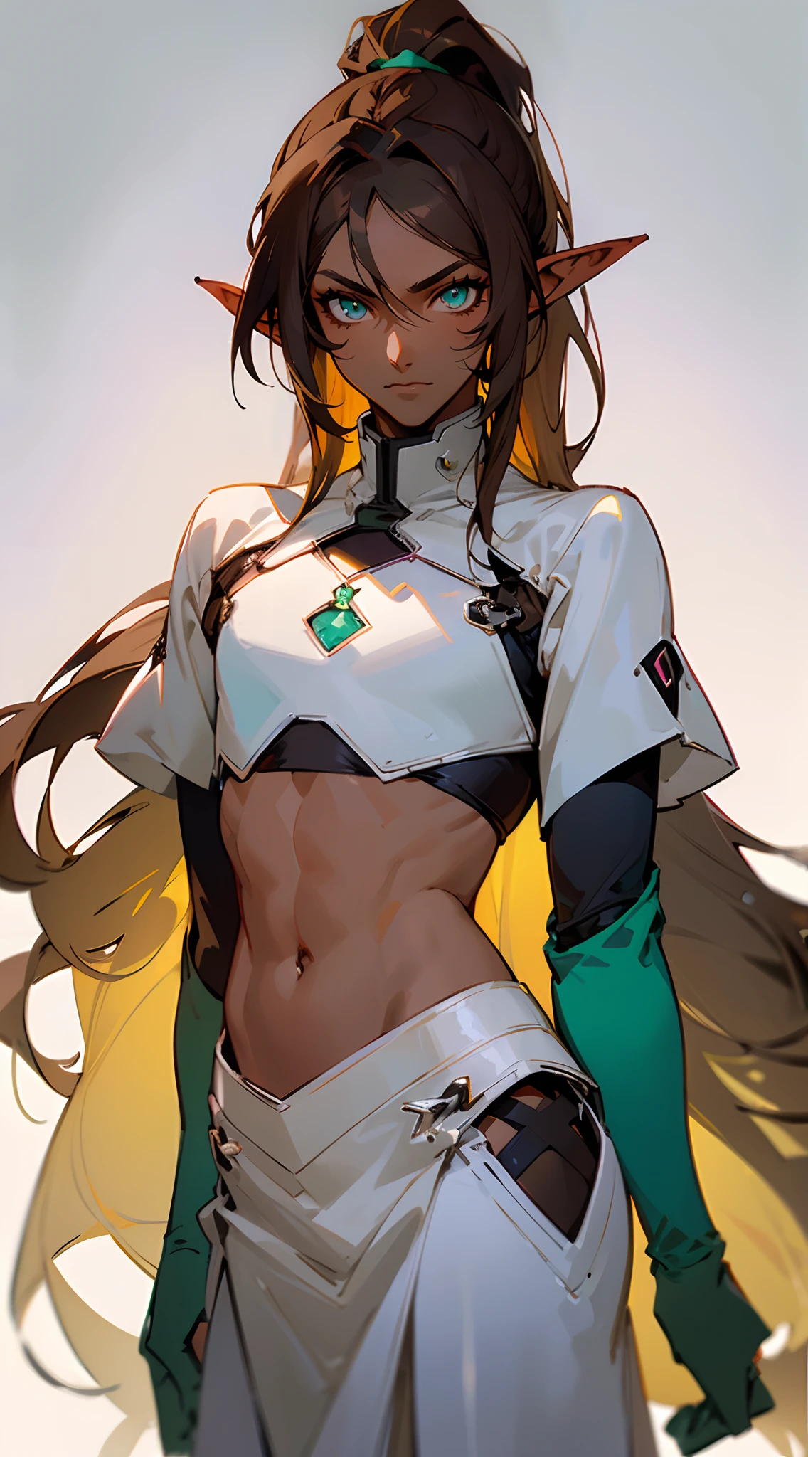 ((Beautiful man:1)) , ((Dark skin:1.5)) , ((long hair)) , ((brown hair)) , ((male:1.4)) , full lips , light silver eyes , voluminous hair,((has monkey ears:1)), ((Skinny build)) ,effeminate , ((has a center part in hair:1)), full long eyelashes,((straight hair:1.3)) , ((crop top:1.2)), hair in a ponytail, Bishounen, possess delicate and androgynous features, age 33
(masterpiece, best quality )detailed, 1Character , pastel washed out colors , cell shade , soft, muted shades ,gentle colors ,
Wearing a mix of sword art online and futuristic style clothes ,