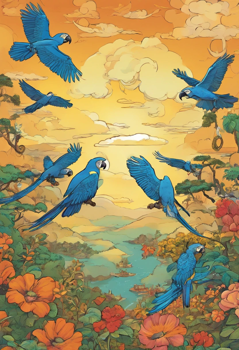Quadrinhos americanos, The comic is presented in several panels and tells the story of Dudu, a blue macaw, que adorava voar e se divertir, mas tudo mudou quando conheceu a Arara manuela, ele ofereceu a melhor seriguela e um amor eterno se formou, then we look up at the sky and see Dudu and Manuela flying.