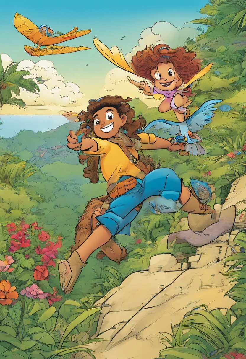 Quadrinhos americanos, The comic is presented in several panels and tells the story of Dudu, a blue macaw, que adorava voar e se divertir, mas tudo mudou quando conheceu a Arara manuela, ele ofereceu a melhor seriguela e um amor eterno se formou, then we look up at the sky and see Dudu and Manuela flying.