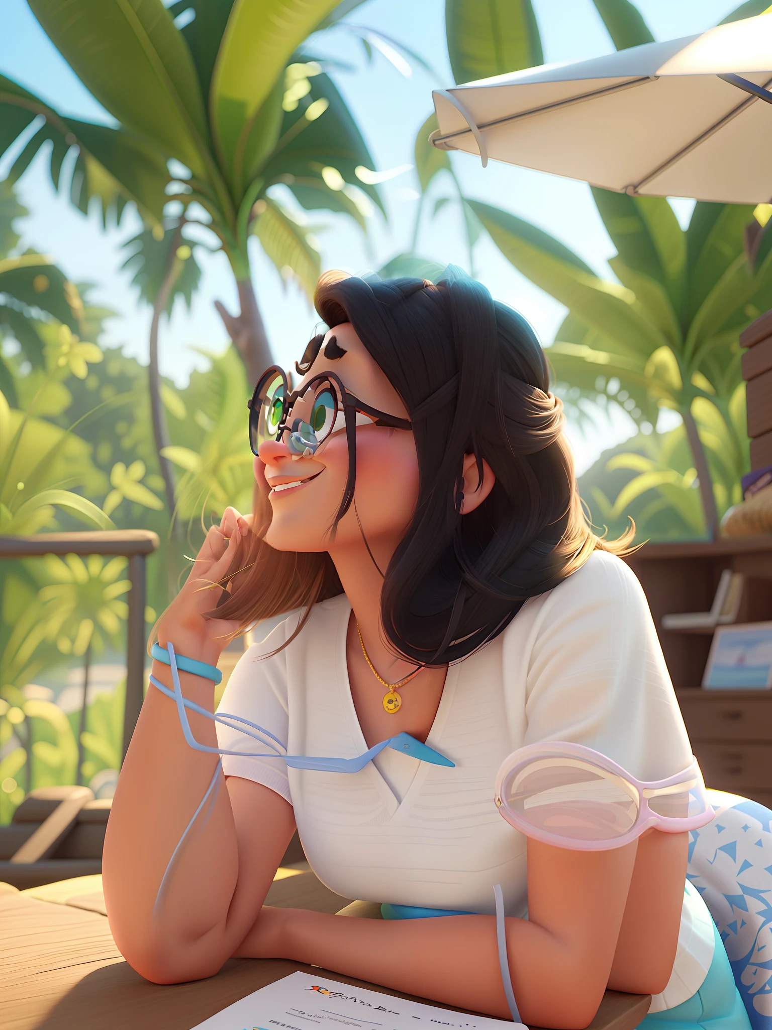 poster no estilo disney pixar, uma mulher branca de oculos de sol, estilo disney pixar, alta qualidade, melhor qualidade