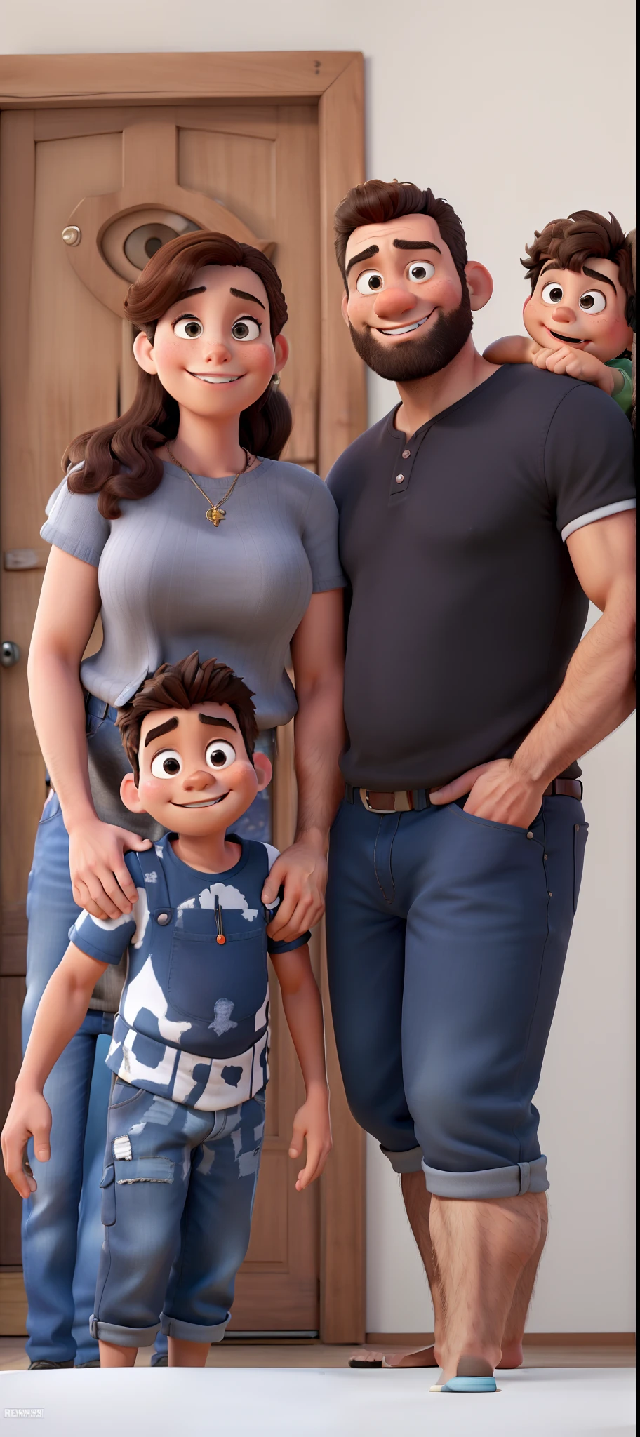a Disney Pixar movie poster showing a family where the mother is black and the father and son are white, de pele branca. The father is the tallest, de pele branca, Tem barba e bigode espessos, cabelos curtos e penteados para o lado direito. The mother is black, has brown eyes and brown hair, drained over the right shoulder and is in perfect shape, muito magra. The boy is white, tem 3 anos e cabelos castanhos raspados. No  fundo tem uma porta envernizada e um quadro marrom. 3D-rendering