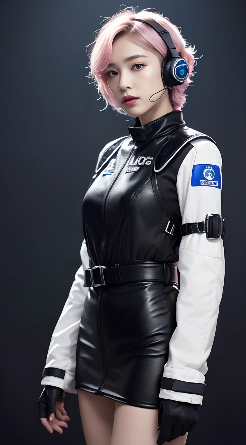 (Top Quality, Ultra High Definition, Photorealistic:1.4), (cowboy shot:1), 1 Beautiful Armed Girl, (Kpop Idol), Detailed Face, (Hair Style: Pink:1, fullbang, shortbob-style:1), Contrapposto, Perfect Anatomy, ((wearing Futuristic Police Racing Suits, low-mini-skirt, police wappen, High-tech Headset, military harness, racing gloves, )), (Cloths colors based on silver pink black white), (background, crashed cars, fire, (Explosion)),