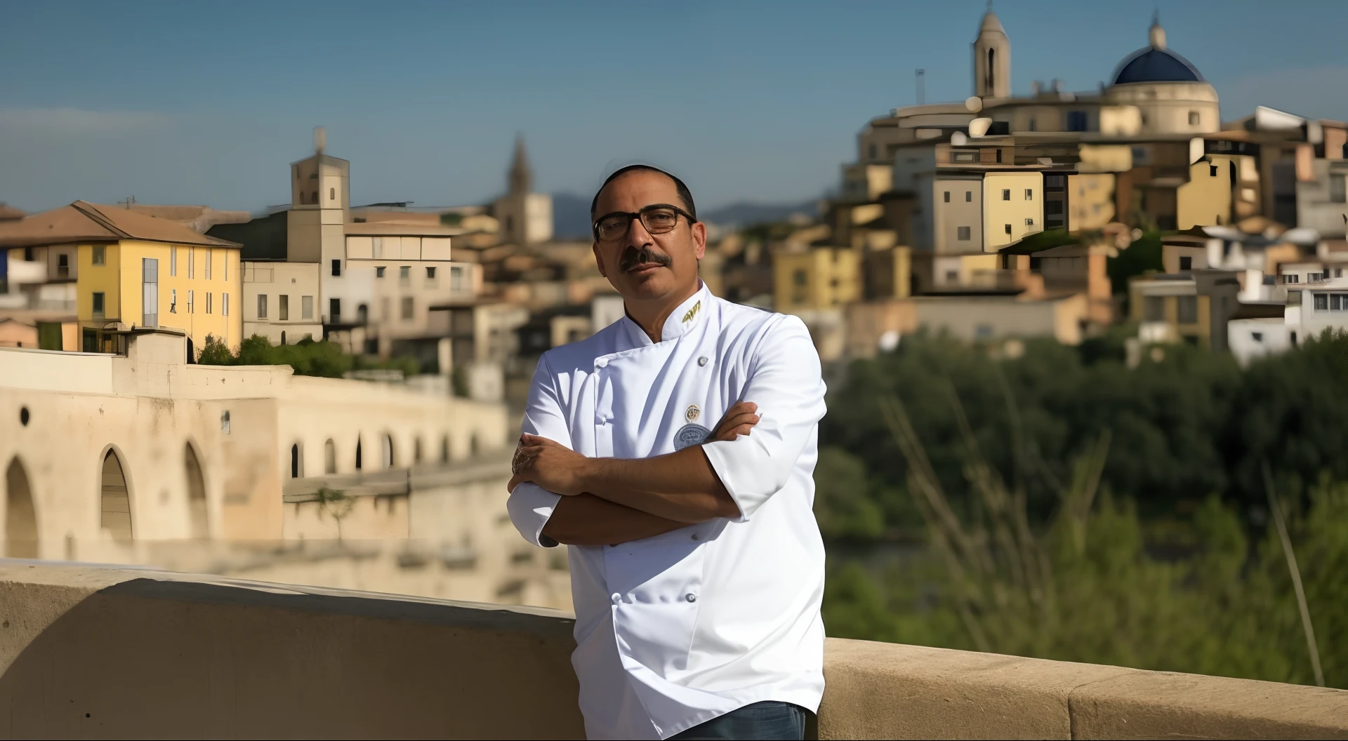 Arafed man standing on a bridge with a city in the background, Pablo Oliveira, melhor chef, inspired by Matteo Pérez, Pablo Perdomo, Espanha Rodriguez, inspired by Hugo Sánchez Bonilla, inspired by david rubín, inspirado em Gregorio Prestopino, inspirado em Serafino De Tivoli