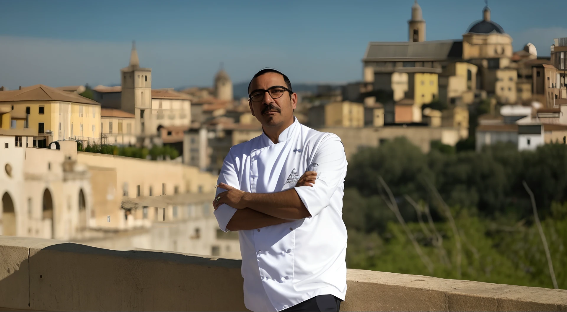 Arafed man standing on a bridge with a city in the background, Pablo Oliveira, melhor chef, inspired by Matteo Pérez, Pablo Perdomo, Espanha Rodriguez, inspired by Hugo Sánchez Bonilla, inspired by david rubín, inspirado em Gregorio Prestopino, inspirado em Serafino De Tivoli