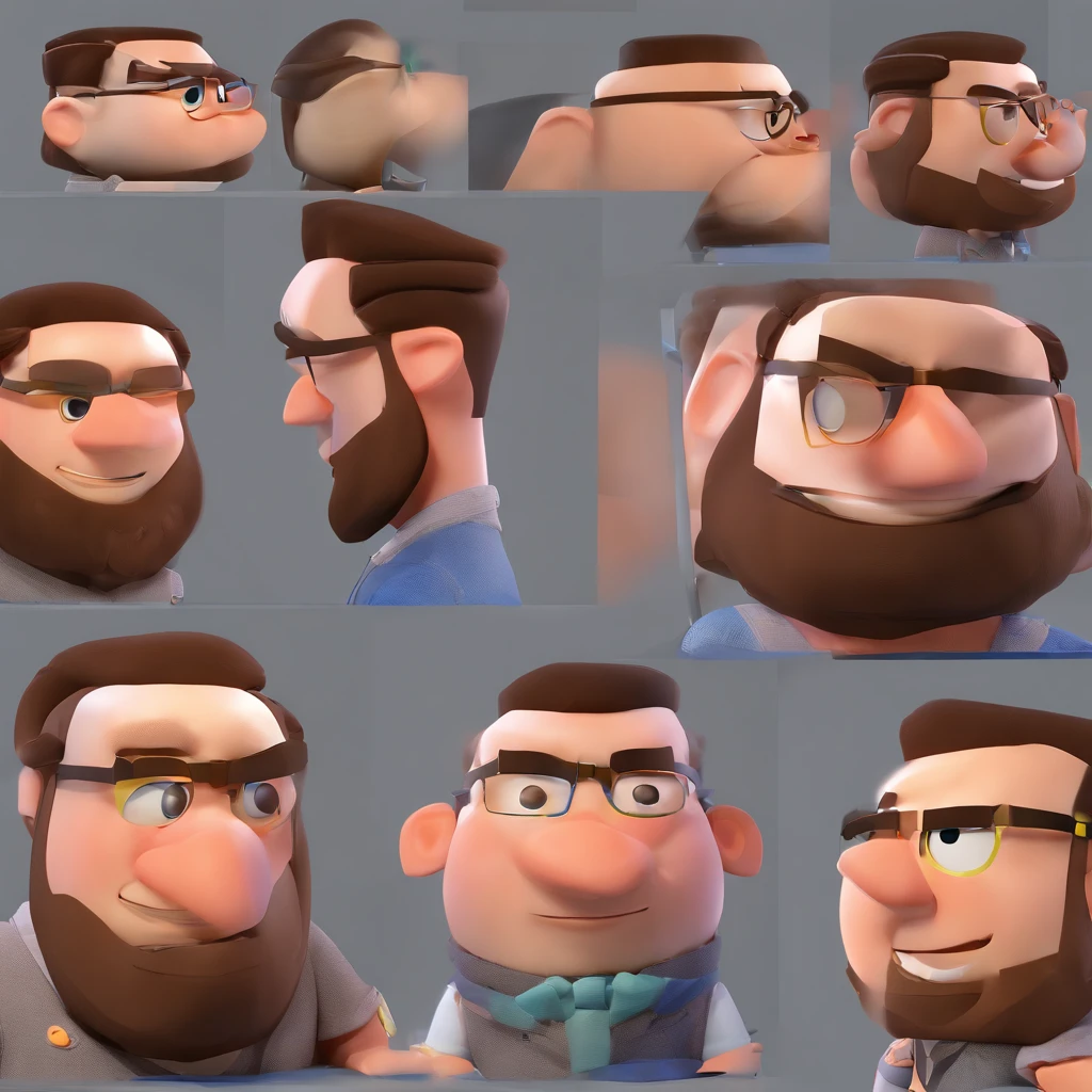 Criar um personagem no estilo Pixar. Trata-se de um homem de 25 anos, com barba, oculos quadrados, com cabelos pretos curtos bone e olhos castanhos ele deve estar rodeado por carros