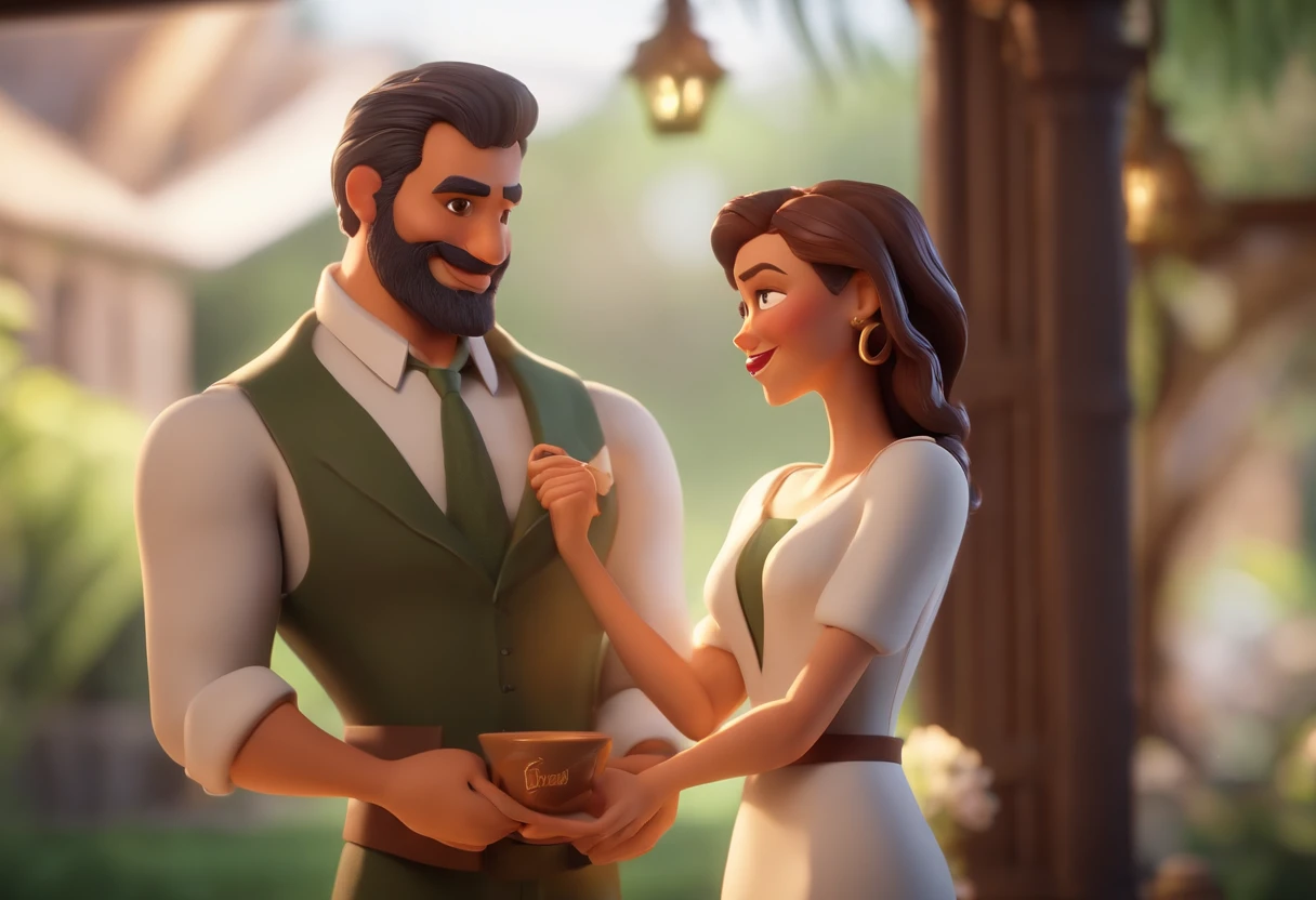 personagem dos desenhos animados de um homem branco, de cabelos preto, barba, com uma camisa cinza, do lado a sua esposa, mulher alta, cabelos Pretos, magra , com a camisa cinza e avental verde, na frete da sua cafeteiria verde e laranja. mW Animation Character, Caractere estilizado, animation style rendering, 3D estilizado, Arnold Maya render, 3 d render stylized, toon render keyshot, Personagem 3D, Personagem 3D, 3d rendering stylized, 3 d character render, personagem de desenho animado, Personagem de close up, Pose de personagem, (Estilo Pixar) (master part:1.2) (Bokeh) (best quality) (pele detalhada) (textura detalhada) (8k) (argila) (Cinematic lighting) (foco nítido