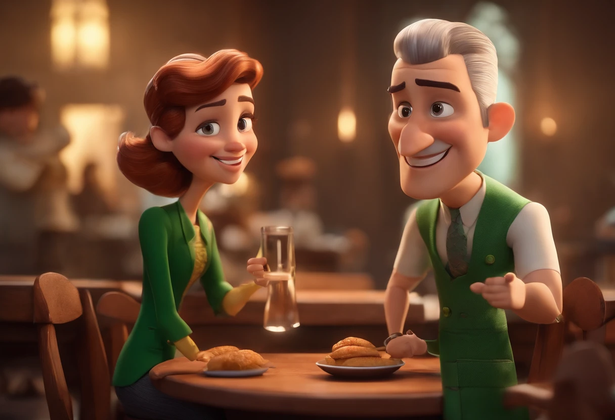 personagem dos desenhos animados de um homem branco, de cabelos preto, barba, com uma camisa cinza, do lado a sua esposa, mulher alta, cabelos Pretos, magra , com a camisa cinza e avental verde, na frete da sua cafeteiria verde e laranja. mW Animation Character, Caractere estilizado, animation style rendering, 3D estilizado, Arnold Maya render, 3 d render stylized, toon render keyshot, Personagem 3D, Personagem 3D, 3d rendering stylized, 3 d character render, personagem de desenho animado, Personagem de close up, Pose de personagem,  (Estilo Pixar) (master part:1.2) (Bokeh) (best quality) (pele detalhada) (textura detalhada) (8k) (argila) (Cinematic lighting) (foco nítido
