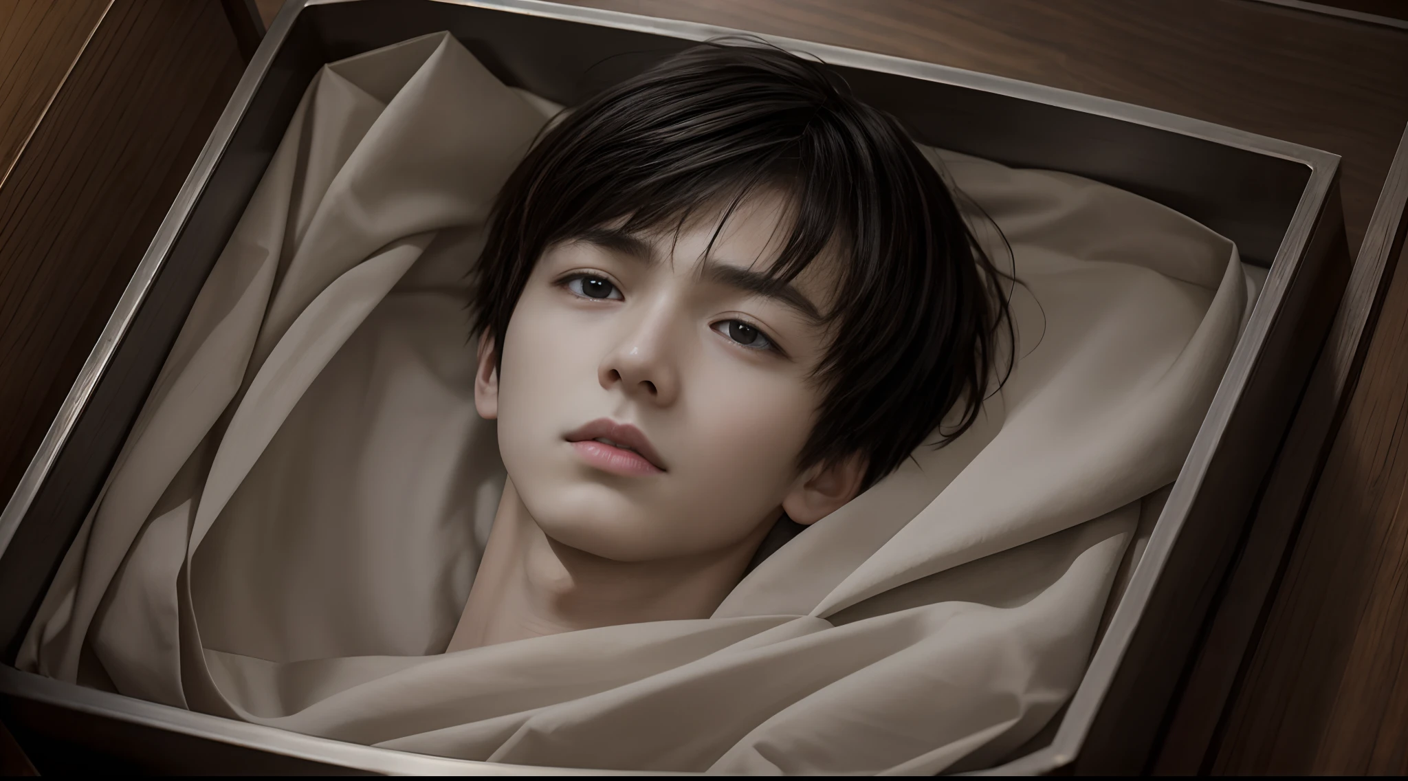 1boy,Masterpiece,Best quality,Realistic,A photo of a beheaded head lain in a steel box,18 year old chinese boy,pale skin,very very handsome,perfect face,cute face,Clean face,Comb-over hairstyle,black short hair,looking at viewers,Only from the neck up, Soft lighting,high view,exquisite detailing,8K UHD,( the concept from the anime "Kemono Jihen" )