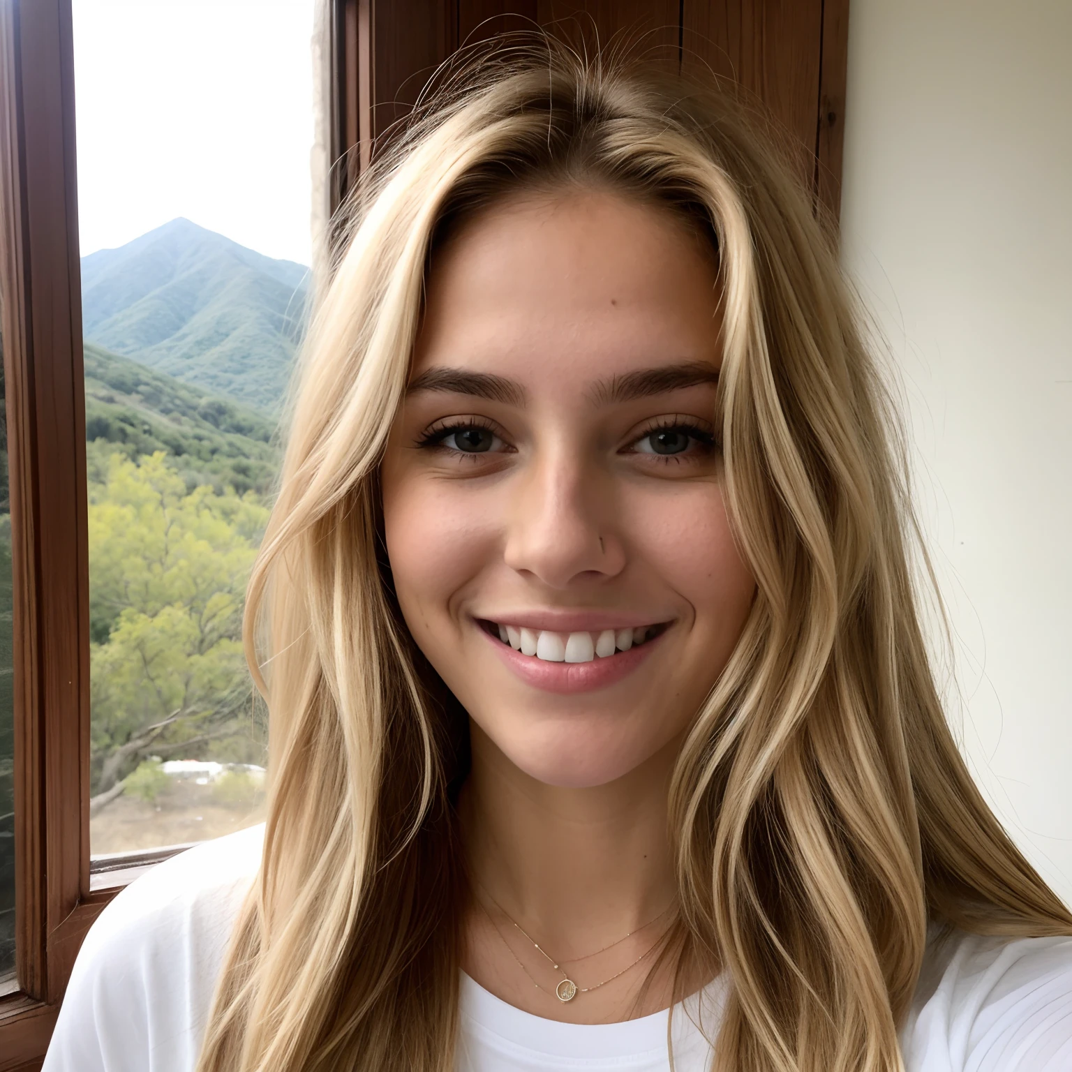 A 20-year-old blonde woman, Long, blonde hair with light brown roots, light brown hair root, Cabello largo. Sentado en una cama, con una camiseta escotada, ((mediano)), dormitorio femenino, ventana al lado, ventana, ciudad, ((hiperrealismo)) escote, Ropa vintage, Ropa fresca, Selfie, Tomarse una Selfie, selfie of herself, Smiling, sonriendo