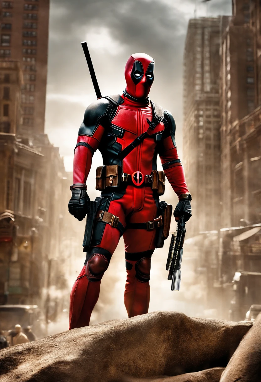 The superhero Deadpool, a white and golden market,