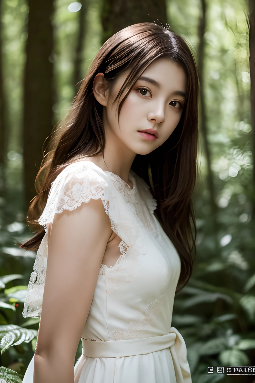 Stunning girl with long hair, Fair skin, And red eyes, In the forest with movie lighting, She wears a white dress of lace, Her eyes focused, Looking at the viewer. Her skin is fair, Her face is delicate and perfect, Super masterpiece, best quality work of art. The images are incredibly detailed 8K CG wallpapers, Cinematic tones with artistic cinematic lighting and neutral filters.fullbody image,The whole body is very polite,