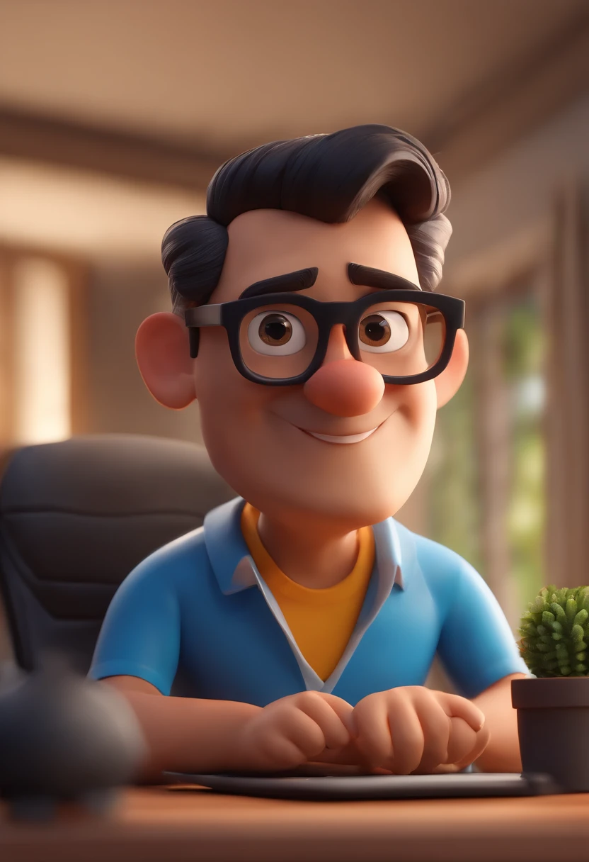 Cartoon character of a man wearing black glasses and a blue shirt, um personagem animado, Caractere estilizado, animation style rendering, 3D estilizado, Arnold Maya render, 3 d render stylized, toon render keyshot, Personagem 3D, Personagem 3D, 3d rendering stylized, 3 d character render, personagem de desenho animado, Personagem de close up, Pose de personagem, (Estilo Pixar) (master part:1.2) (Bokeh) (best quality) (pele detalhada) (textura detalhada) (8k) (argila) (Cinematic lighting) (foco nítido，Senta e vaza a parte superior do corpo