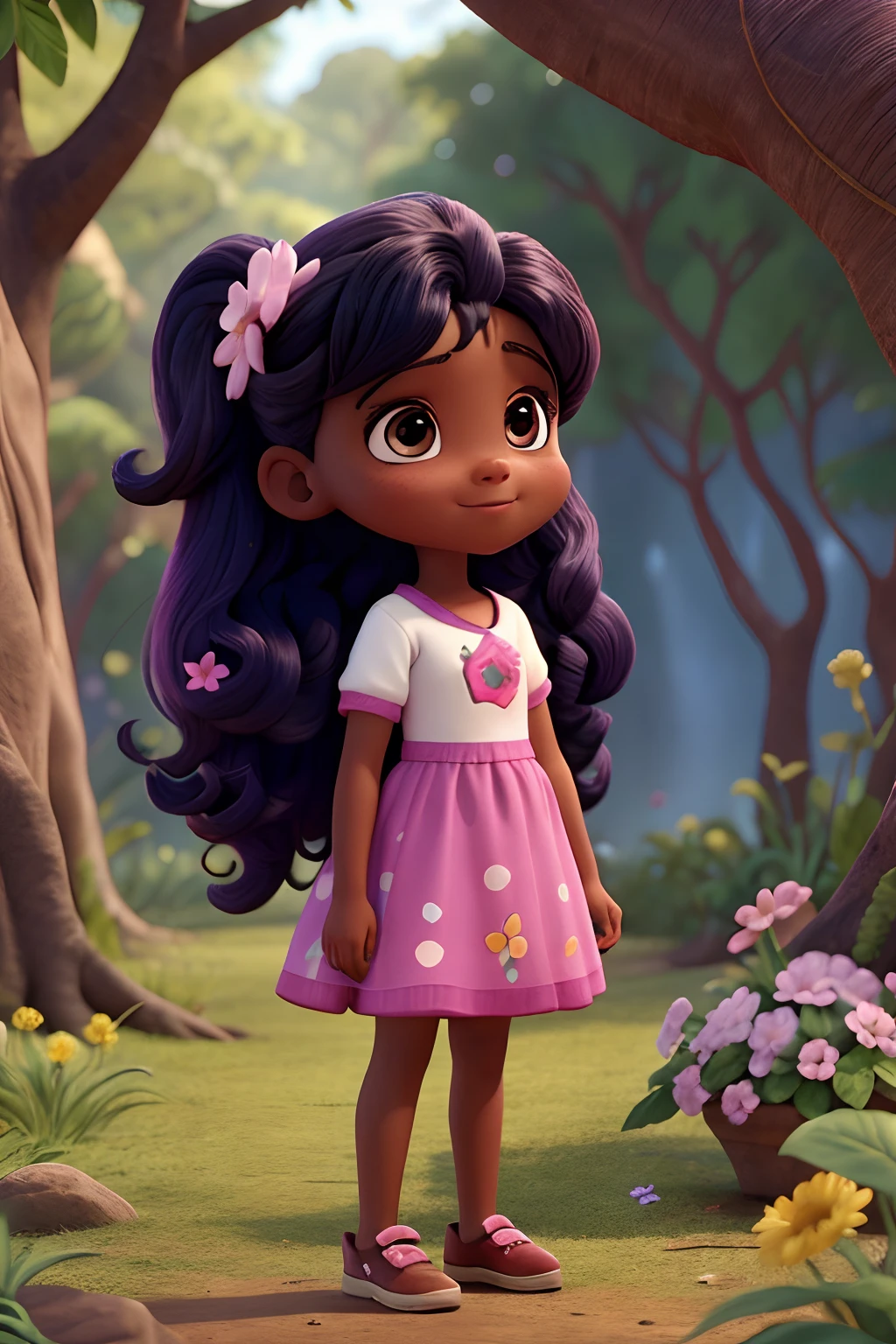 Capa de filme estilo Disney, uma menina preta com olhos castanhos, pele escura e cabelo andulado que tinha uma vestido rosa em um floresta com o fundo de flores