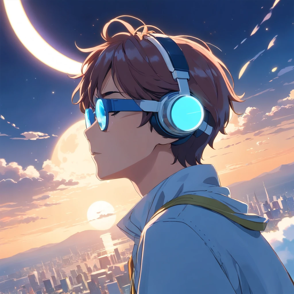 (White background:1.4),(Boy with VR glasses，Control a flying drone，Draw cartoon images in AR，Record beautiful moments with your camera。Oriental elements)，(Chinese Illustration:1.3，paper art:1.3, Quilted Paper Art:1.2),( Reasonable design, Clear lines, High Sharpness,Best Quality, Very detailed, masutepiece, Movie Light Effects, 4K ),The background is the moon