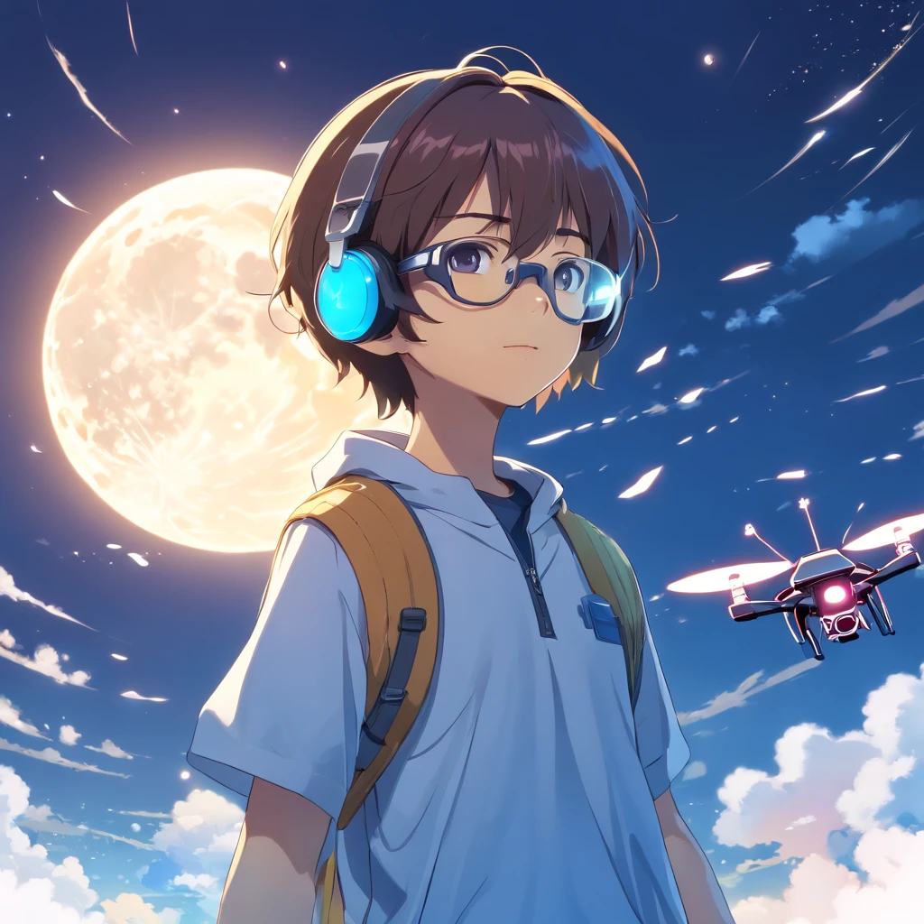(White background:1.4),(Boy with VR glasses,Control a flying drone,Draw cartoon images in AR,Record beautiful moments with your camera。Oriental elements),(Chinese Illustration:1.3,paper art:1.3, Quilted Paper Art:1.2),( Reasonable design, Clear lines, High Sharpness,Best Quality, Very detailed, masutepiece, Movie Light Effects, 4K ),The background is the moon