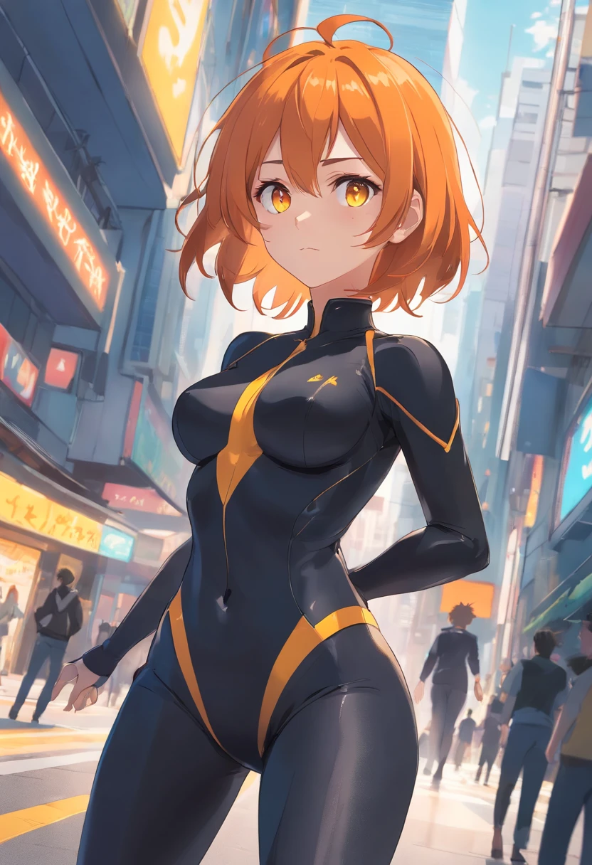 1 female、Orange hair、huge tit、Big ass、Black rubber suit、yellow  eyes、thick and large thighs,