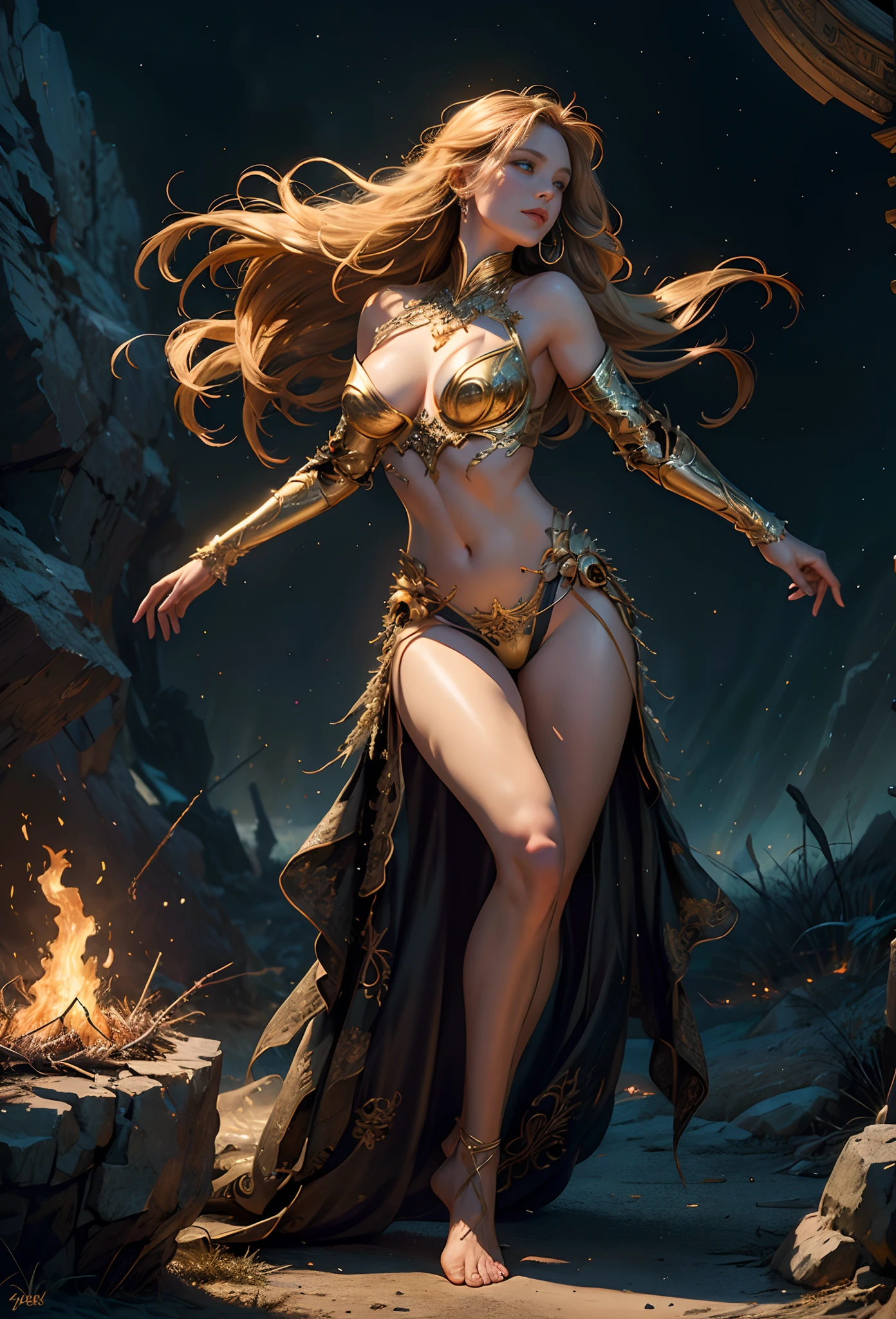 (Masterpiece, (hdr:1.5), Beautiful and aesthetic:1.2),Depicting the goddess of war,She is a great giant,She is a lovely princess,Also a formidable fighter,Flame,lightning in sky,The top of the mountain at the foot of the mountain,Mountains in the distance,(theelementoffire:1.4),Realistic flames,Composed of fire elements,Highly realistic,Correct anatomy,fully body photo,Bulge,Cute big breasts,revealing breasts,legs separated,plumw,Desire for dissatisfaction,Bare genitalia, Camel toes,Sexy gesture,climaxing,Sexual huge breasts cleavage, Barefoot,Sexy gesture,(Wearing:Transparent fireproof armor,Bare ,)1female,30 age old,Married Woman,熟妇, 独奏,beatiful detailed eyes,(zentangle,datura,Tangles,entangled),holy rays,gold foil,Gold leaf art,Deep background,Fantastic and incredible,Epic composition,(Complicated details,Hyper-detailing:1.2),Ultra photo realsisim, fearsome, epic realistic, Faded, ((com cores neutras)),(pastel colour:1.2), Detailed face, Detailed eyes,Hyper-realistic, + cinema shot + Dynamic composition, Incredibly detailed, Sharpen, Cinematic, warm lights, Light effect, Dramaticlight, (Intricate details:1.1), the complex background, (greg rutkovsky:0.8),
