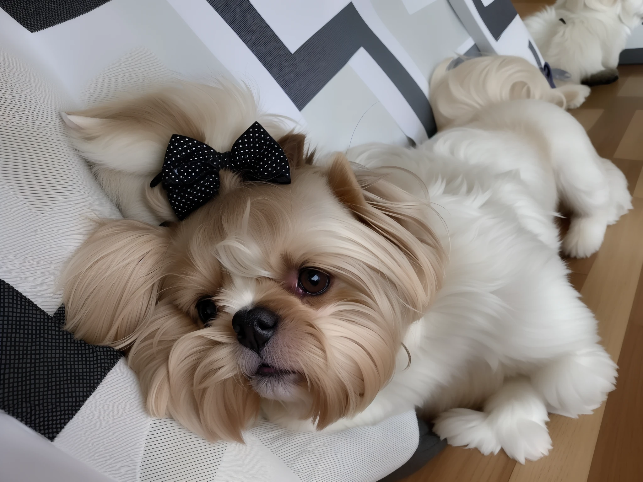 there is a small dog with a bow on its head, Shih Tzu, Bowknot, wearing hair bow, olhando para o lado, olhando de lado, Miko, bonito, Dog cute, deitada de costas, she is laying on her back, Arcos, fazendo uma pose elegante, ela tem um rosto bonito, olhar severo, 2 anos