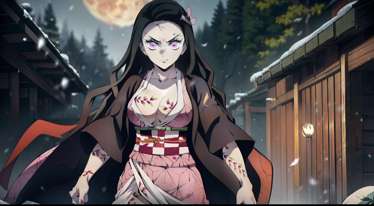 Masterpiece, Best Quality, 1girl, Humannezuko, slight smile, pink kimono, looking a viewer, sitting, potted, closed room, wooden room, wood house, the night, a big moon, perfect light, pink eyes, Sakura, snowing, combat, Battle, Battle, combat pose, (ultra-realistic photography by Nezuko Kamado, Goddesses of Beauty, bright pink eyes, angry, an angry expression, 8K, UHD, Beauty with beautiful breasts, elastic small breasts, sticking out of a kimono, Erotic, with long black hair and orange tips, sexy pink japanese kimono ), (nezuko, nezuko-chan, demon slayer artstyle, Kimetsu on Yaiba), Hentai Female Anime Character, (nezuko, In his demonic form, small breasts, voluminous breasts, sticking out of clothes, Her breasts stick out of her kimono, Demonstration of beautiful pointed breasts), ( She has tattoos in the form of leaves, Walking On Her Sexy Erotic Body), Demon Slayer Fan Art, Owning a kunai, Clean and detailed anime art, a very beautiful woman, Author: Kamagurka, Professional art, Perfect detail, (Nezuko kamado in his demonic form, основан на Demon Slayer kimetsu no yaiba), cleavage