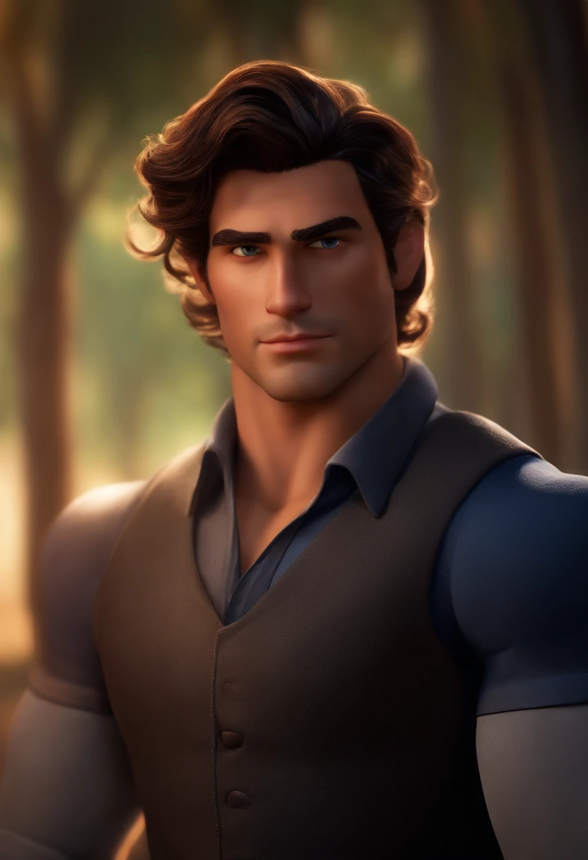 Personagem Disney Pixar, homem, sexo masculino, rosto um pouco fino, imagem fiel, corpo atletico, cabelos e olhos castanhos