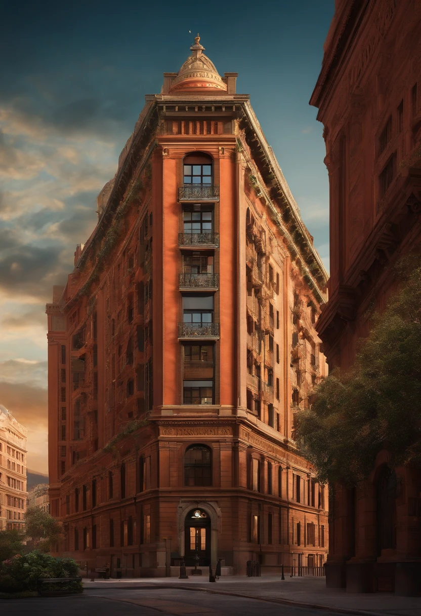 Movie Building 12 floors, neoclassical style, estilo filmes Pixar, Com nome "Ed. Santa Fe", poster, with credits and written title