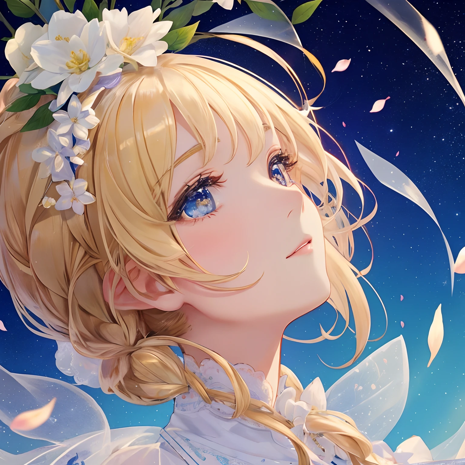 Lifelike face、close up、profile、Sparkling eyes、Beautuful Women、realisticlying、(masterpiece、top-quality、top-quality、Beautifully Aesthetic:1.2)、Highly detailed frames、colourfull、The most detailed、(1girl in:1.3)、Bright eye、A Princess、delicate accessories、florals、gold trim、Beautiful detailed starry sky、Delicate Positive and High Glass Guardrail Board、flower petals