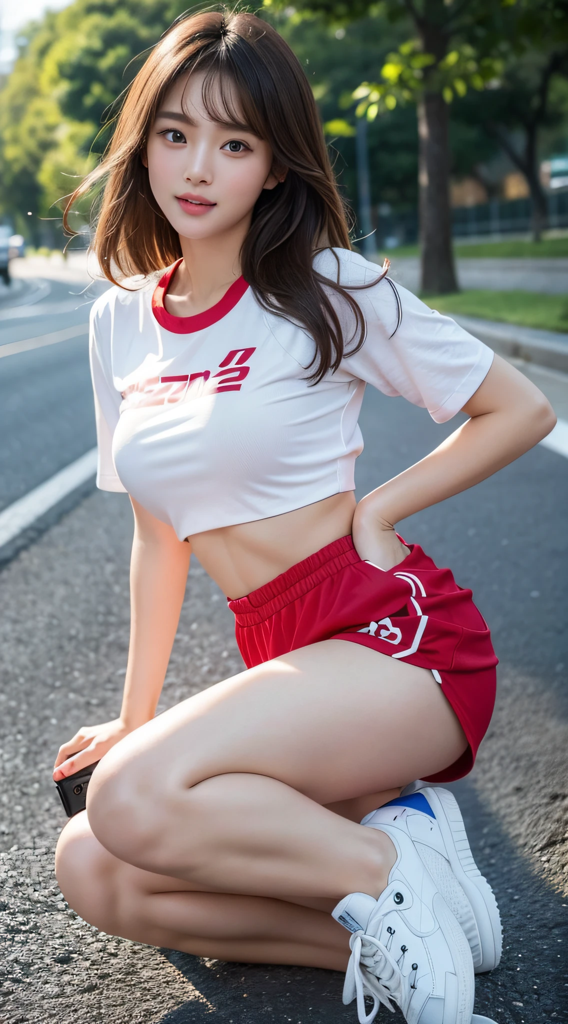 (Best Quality, 8k, Masterpiece: 1.3), 1 Girl, Smile, Pretty Japanese girl, Ultra Detailed Face, Detailed Eyes, Double Eyelids, outdoor, (Big breasts:1.2), Long Hair, (T-shirt, short Skirt), good thigh, beautiful legs, (from below, panties), looking at viewer, (ibalance standing_split, standing_on_one_leg, leg_up Holding leg:1.3),