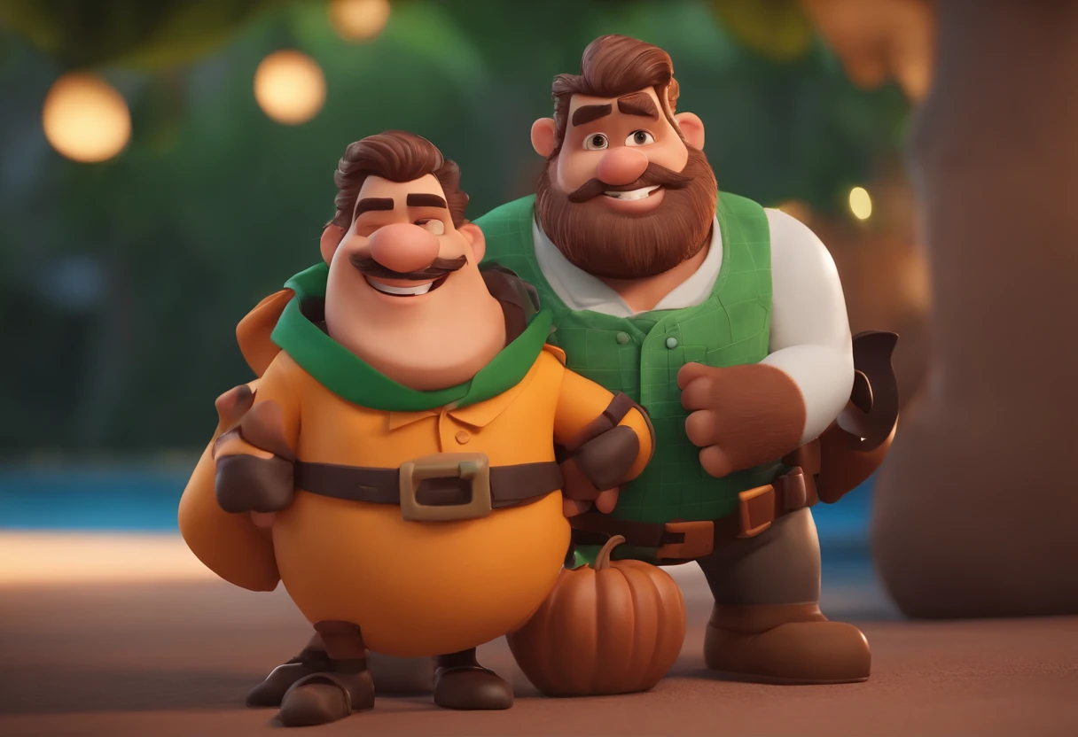 personagem dos desenhos animados de um homem branco, de cabelos preto, barba, With chubby fitness, com uma camisa cinza, do lado a sua esposa, mulher alta, cabelos Pretos, magra , com a camisa cinza e avental verde, na frete da sua cafeteiria verde e laranja. mW Animation Character, Caractere estilizado, animation style rendering, 3D estilizado, Arnold Maya render, 3 d render stylized, toon render keyshot, Personagem 3D, Personagem 3D, 3d rendering stylized, 3 d character render, personagem de desenho animado, Personagem de close up, Pose de personagem, (Estilo Pixar) (master part:1.2) (Bokeh) (best quality) (pele detalhada) (textura detalhada) (8k) (argila) (Cinematic lighting) (foco nítido