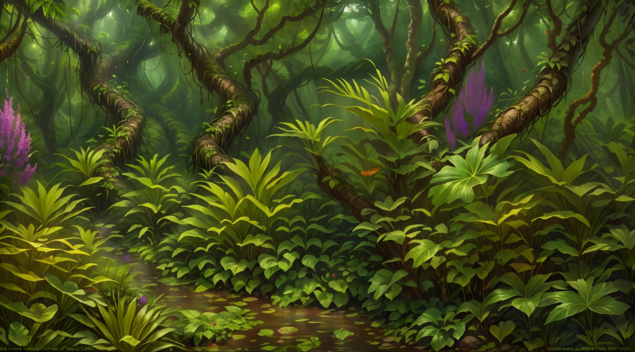 there is a painting of a path in the woods with flowers, elf forest background, deep forest on background, magical forest background, at lush forest background, fantasy forest background, magical forest backround, in a background green forest, the background is lush jungle, fantasy forrest background, detailed forest background, woodland background, forest clearing landscape, mystical forest background, forest backdrop