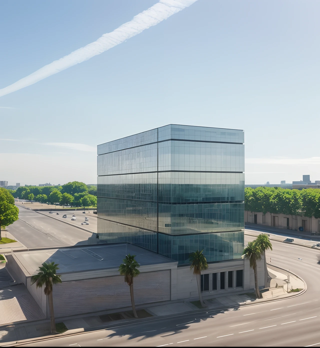 Raw photo. best quality, ultra high quality, 4k, lgar , building, architecture, building blue glass, clean line, modernism, Realistic reflexes, realistic light, beautiful summer sky, trees, traffic, traffic light, beautiful landscape, left font view, ultra realistic