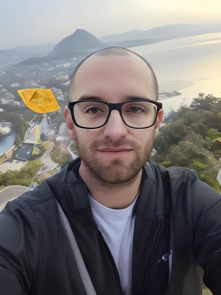 There's a young man, branco e careca,  with glasses while taking a selfie, com montanhas ao fundo, com montanhas no fundo, imagem do avatar, icaro carvalho, com um parque ao fundo, Fotografia selfie 8k, com montanhas como pano de fundo, com uma cidade em segundo plano, Parque em segundo plano, david rios ferreira, Typical cryptocurrency nerd, foto de perfil 1024px