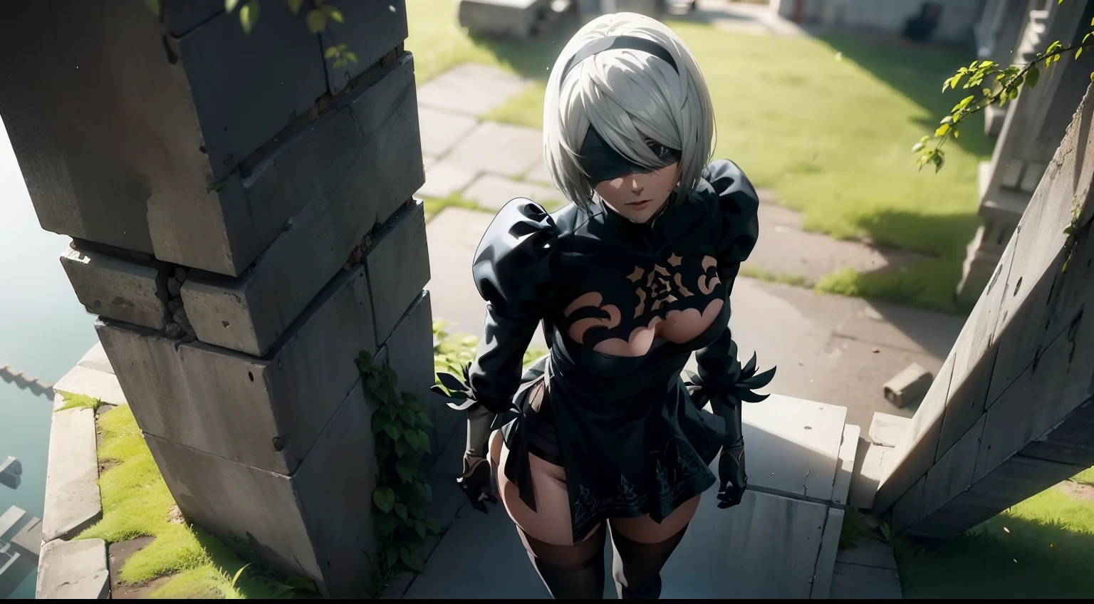Camera from above, leans forward, Standing on the edge, stands, Camera from above, Frame from above, shapely legs, stands on the edge of the roof, White Hair Bob, ashy hair, The eyes are covered with a bandage, Cyan eyes, black dress with a short skirt, short black skirt, The skirt covers the buttocks, neckline on the chest, white panty, black stockings, high black boots, high-heeled boots, very extremely beautiful, Small firm buttocks, Slender figure, Full-length(Body Full 1.1),Game nier automata, ruined city, The city, overgrown with plants, Ruins, high detail official illustrations, ((beautiful fantasy girl))，Red Small Breasts, Her breasts are sticking out from under her clothes, BREAK (Master Part: 1.2), Best Quality, High Resolution, photorealestic, photogenic, Unity 8k壁纸, (illustartion: 0.8), (Beautiful detailed bluish-gray eyes: 1.6), extremely detailed face, perfect  lighting, extremely detailed CGI , (perfect arms, perfect anatomy), A girl with perfect breasts, beatiful face, master study, intricate details, Detalhes realistas, the anime, (Based on nier automata) the perfect body, The Perfect Girl, perfect details, Ultra HD |, 8K, Professional photo, 2B Anime Style,