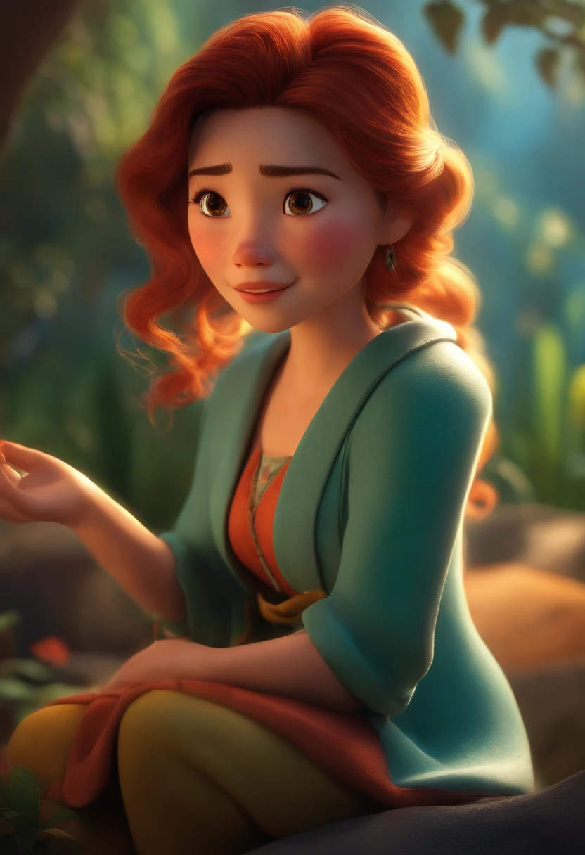 Imagem estilo Pixar com personagem 3D mulher japonesa cabelo ondulado longo , Maquiagem Disney,Pescador, bonitinho, sorridente ,Close-up, Pixar, Disney, Cinema lighting,