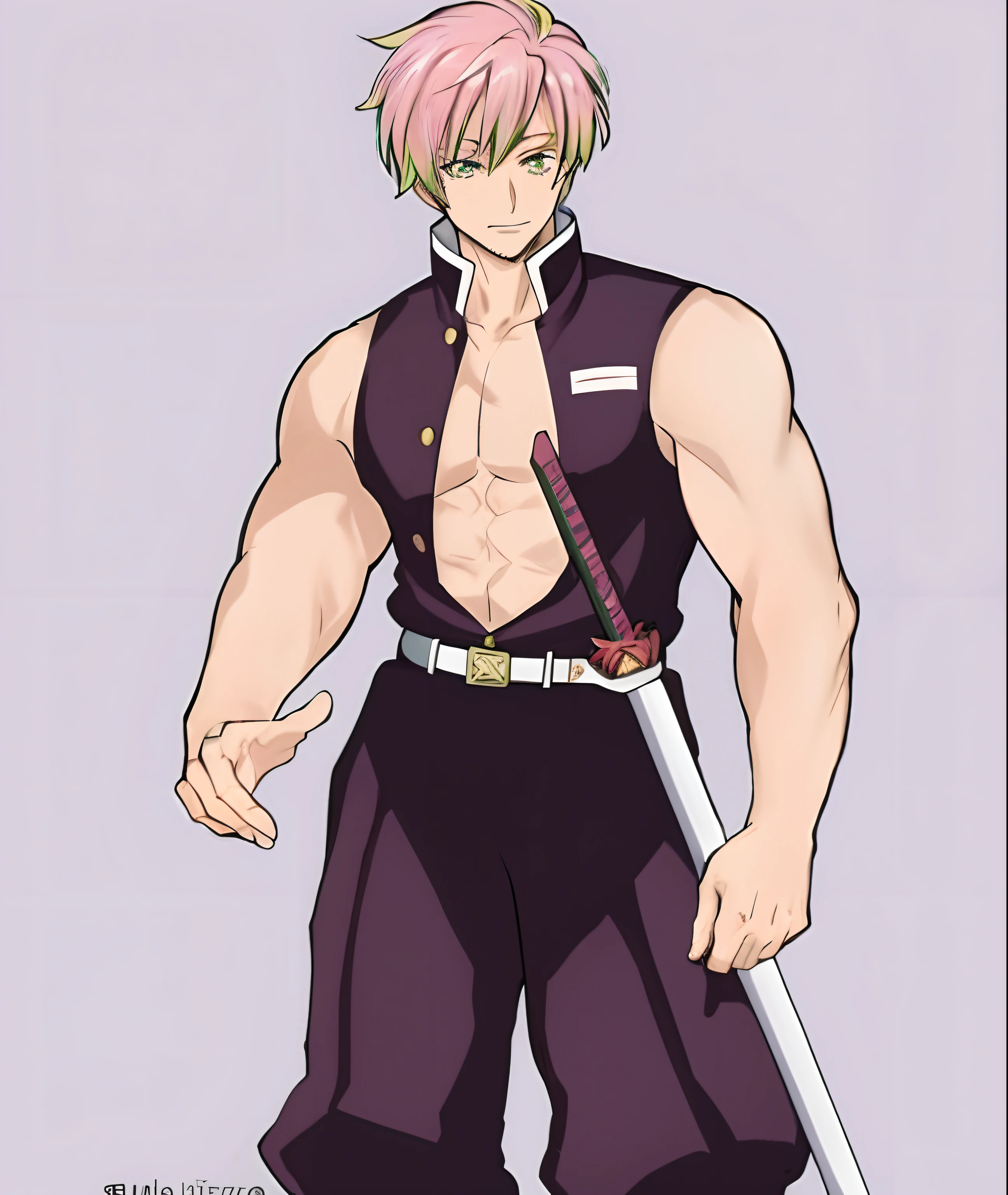 um desenho de um homem com cabelo rosa e uma espada, cara bonito na arte demon slayer, Hajime Yatatate, personagem de anime masculino, Anime de Sete Pecados Capitais, como um personagem de anime, personagem de anime, haruno sakura, Melhor Design de Personagens de Anime, Demon Slayer rui fanart, joseph joestar, Gatilho Estilo de Arte de Anime, personagem estilo anime, Ichigo Kurosaki