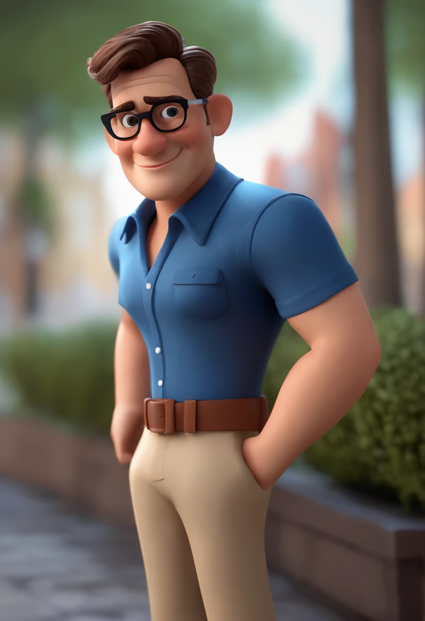 Cartoon character of a man wearing black glasses and a blue shirt, um personagem animado, Caractere estilizado, animation style rendering, 3D estilizado, Arnold Maya render, 3 d render stylized, toon render keyshot, Personagem 3D, Personagem 3D, 3d rendering stylized, 3 d character render, personagem de desenho animado, Personagem de close up, Pose de personagem, (Estilo Pixar) (master part:1.2) (Bokeh) (best quality) (pele detalhada) (textura detalhada) (8k) (argila) (Cinematic lighting) (foco nítido
