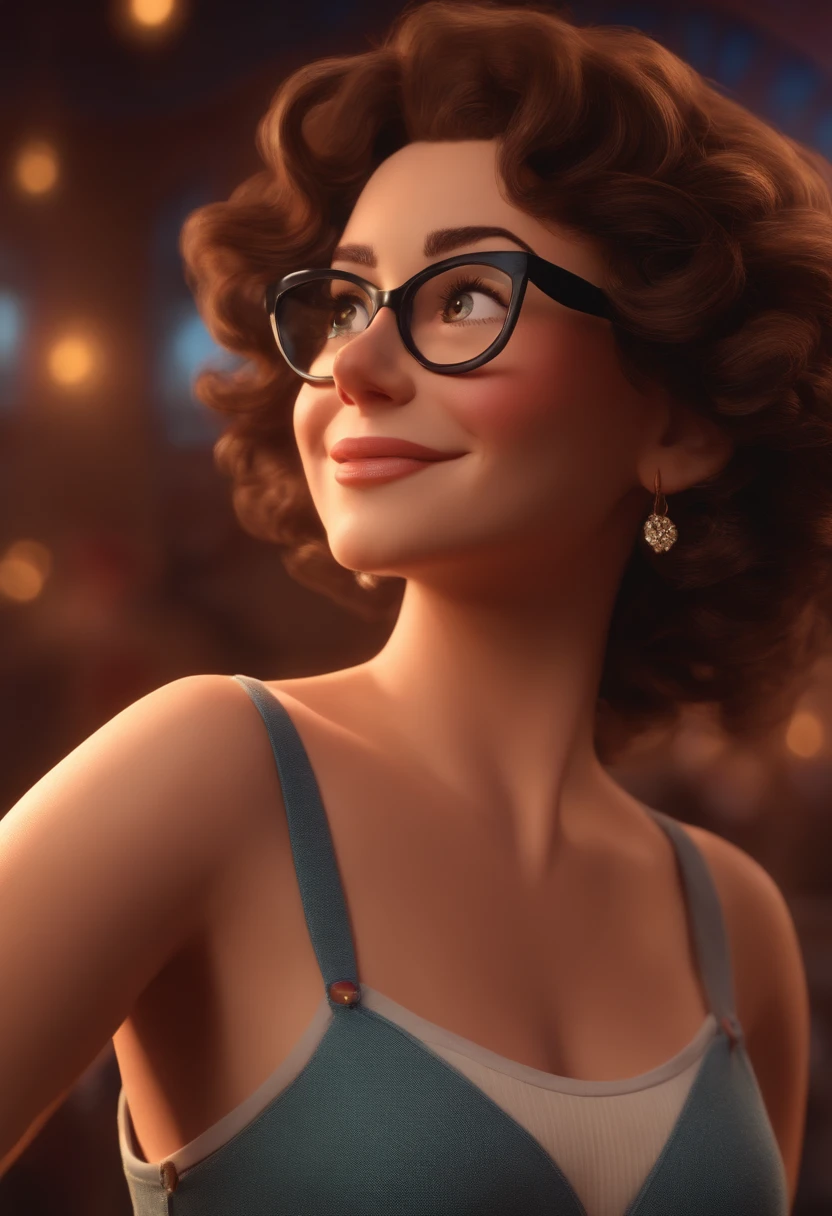 Pixar style image with 3D character white glasses brunette woman short curly hair dancing, Maquiagem Disney, sorridente ,Close-up, Pixar, Disney, Cinema lighting