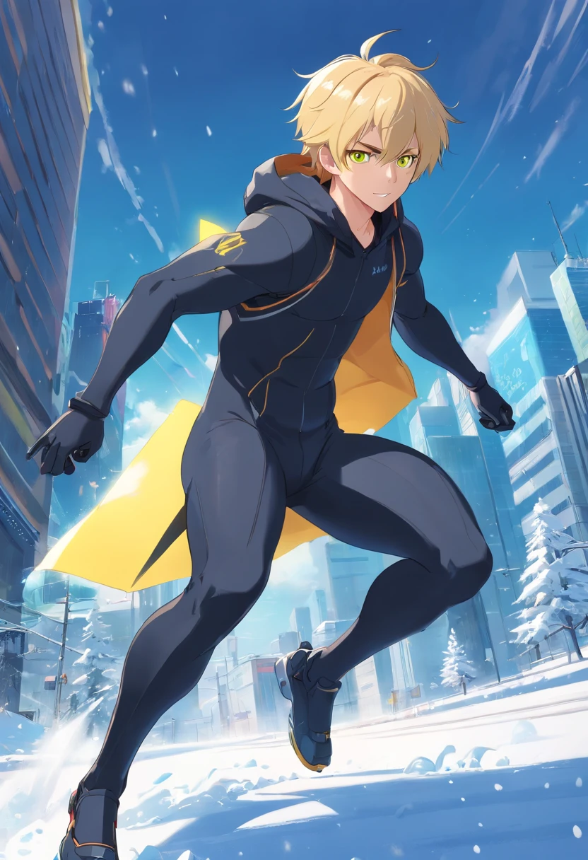 1 male human、a blond、Huge ass、black rubber suit、yellow eyes、Large, thick thighs、short-haired、wide hips、musculature、run、snow blowing、kou