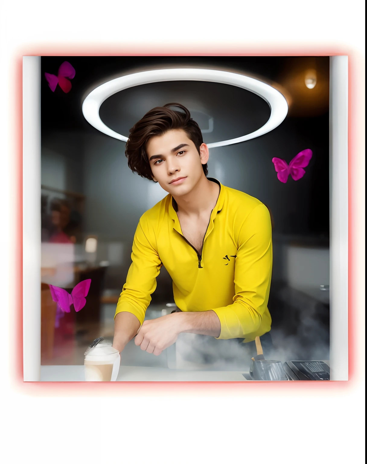 Boy with coffee futuristic background realistic face