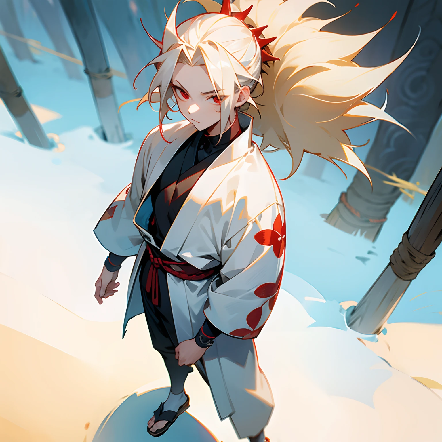 pale blonde hair , white haori, ninja clothing , sunny background , village background , detailed background , 1male , masterpiece quality , young male , best quality , standing on path , short messy spiky hair , detailed facial features , red eyes