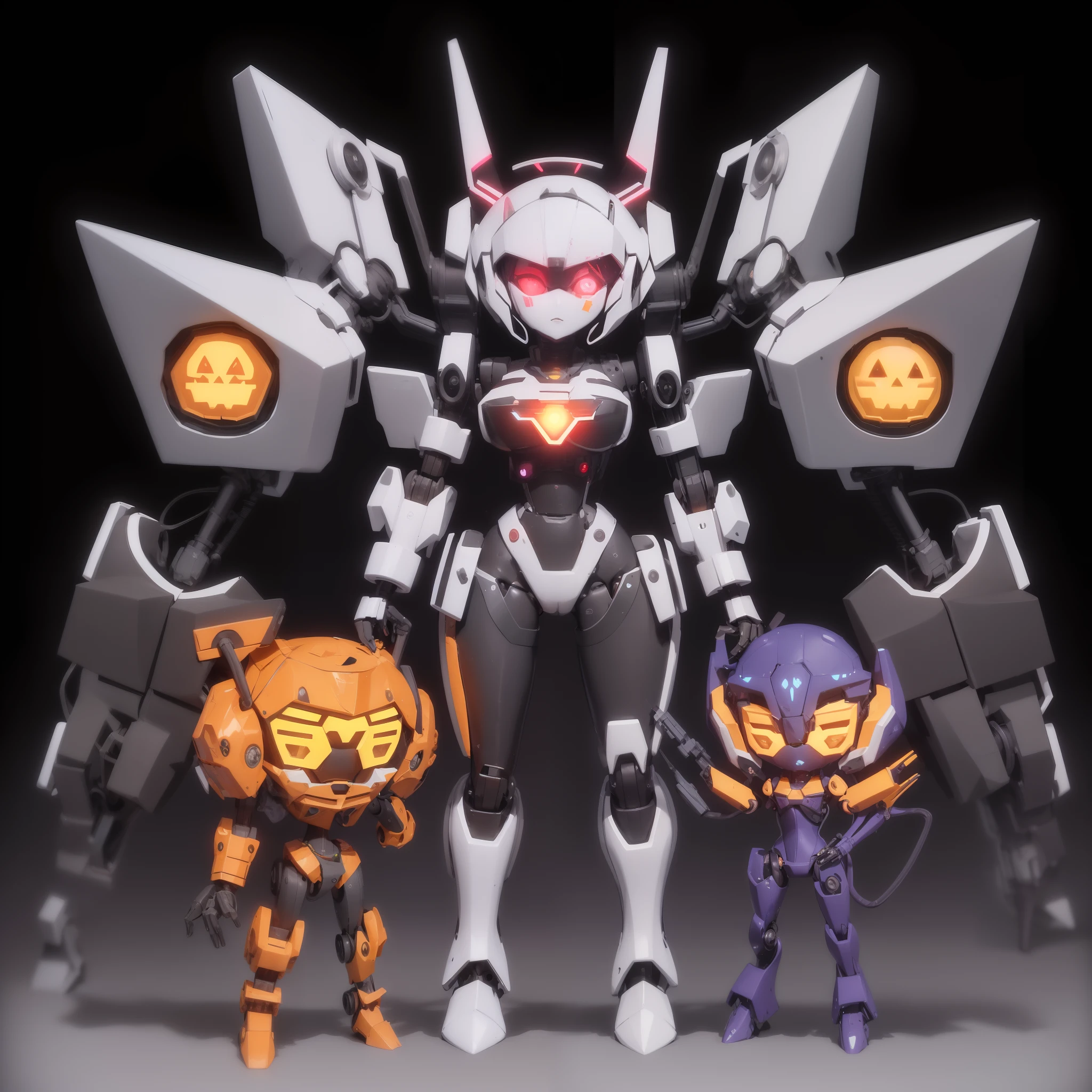 araffes with a pumpkin and a robot standing next to each other, anime robotic mixed with organic, girl in mecha cyber armor, perfect android girl family, anime robots, action figure mecha, fully robotic!! catgirl, mechanized witch girl, tremendous mecha robot, fully robotic!! girl, beautiful robot character design, female mecha, cute cyborg girl