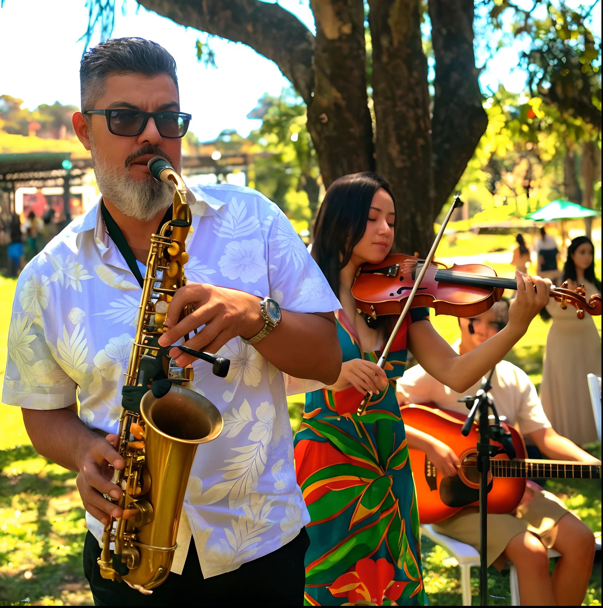 There's a group of people playing music in a park, musicians playing instruments, bandaa tocando instrumentos, music being played, album, musician, bandaa tocando, banda, 3 jazz musicians, Directed by: Nandor Soldier, musicians, 2717433015, Directed by: Felipe Seade, Directed by: CeFerí Olivé, Directed by: Samuel Silva
