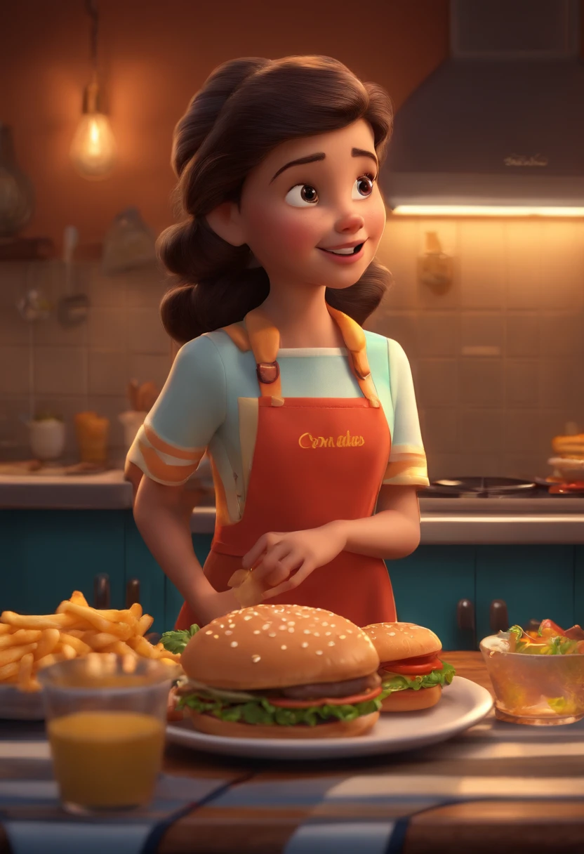 Make a Girl, She's hungry, como Disney Cartoon, She's eating hamburger, Pixar, ..3d, Disney