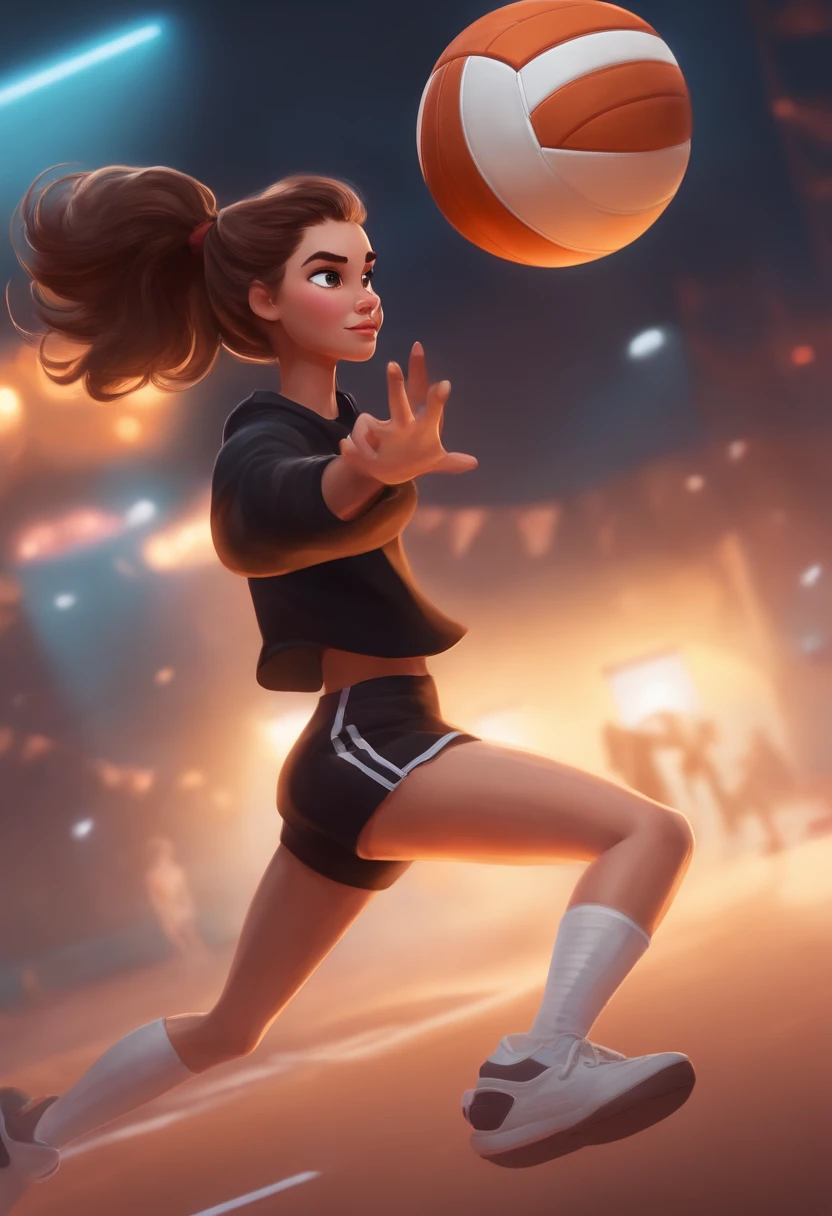 crie um banner no estilo Pixar. Girl with light skin, brown hair on a ponytail, no bangs, brown eyes. She’s wearing black shorts and black shirt. White sneakers with white socks and white knee pads. She’s hitting a volleyball