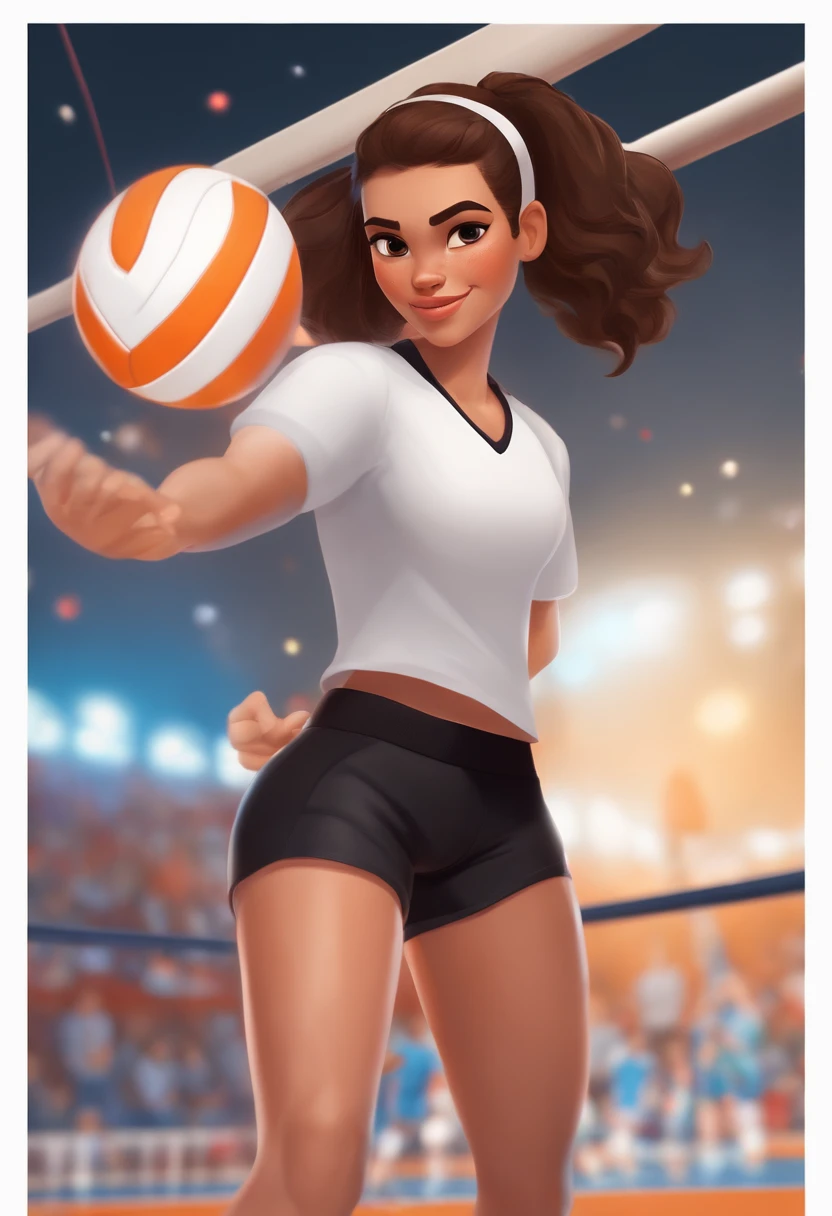 crie um banner no estilo Pixar. Girl with light skin, brown hair on a ponytail, no bangs, brown eyes. She’s wearing black shorts and black shirt. White sneakers with white socks and white knee pads. She’s hitting a volleyball