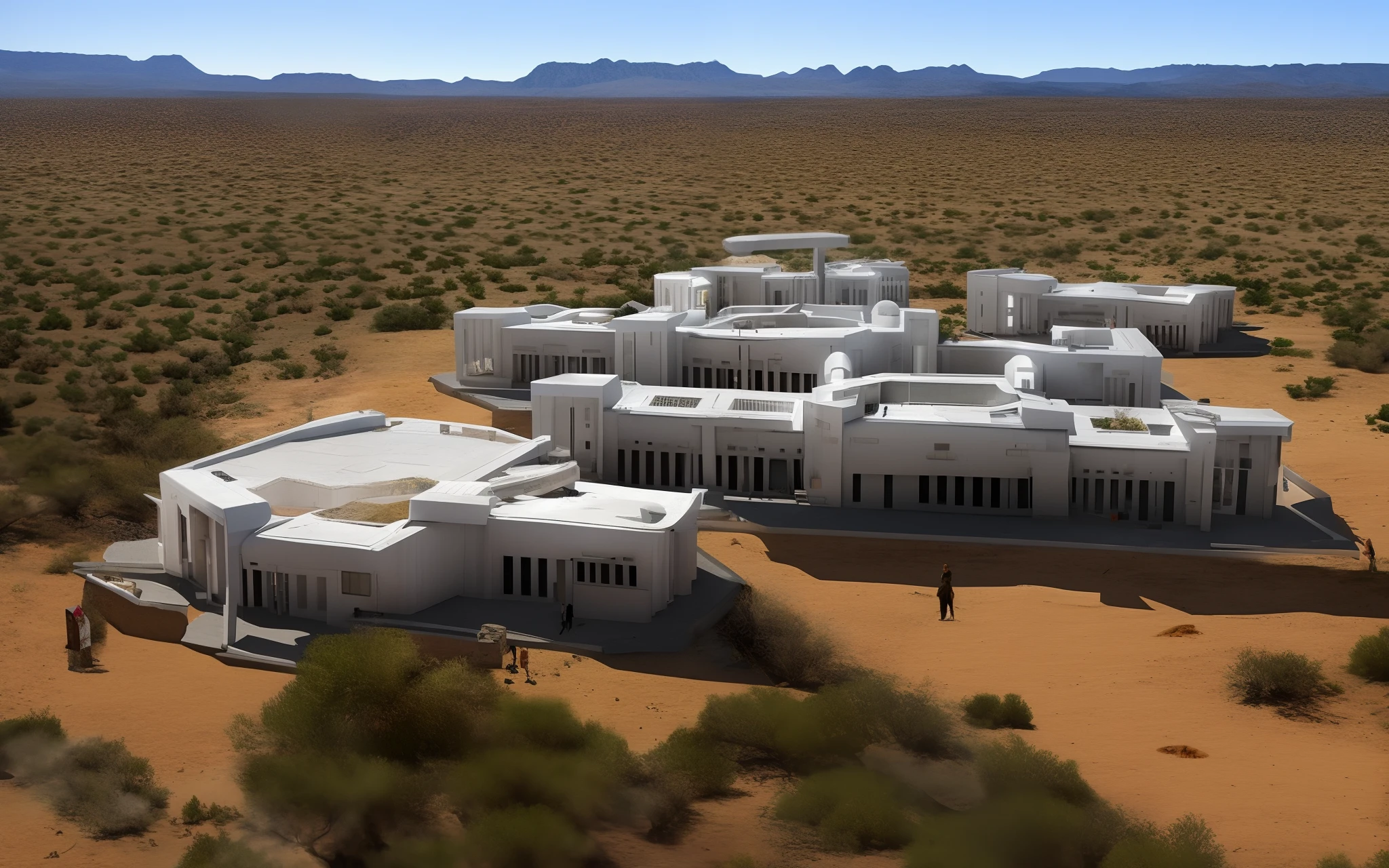Create 3D rendered images of a prison in the middle of the desert where on its façade there are mirrors and it also has technological grids with red LED create surveillance guardhouses around the prison The entire prison must demonstrate a dystopian architecture out of reality Use creativity to create a prison in the middle of the desert where technology is present in the building